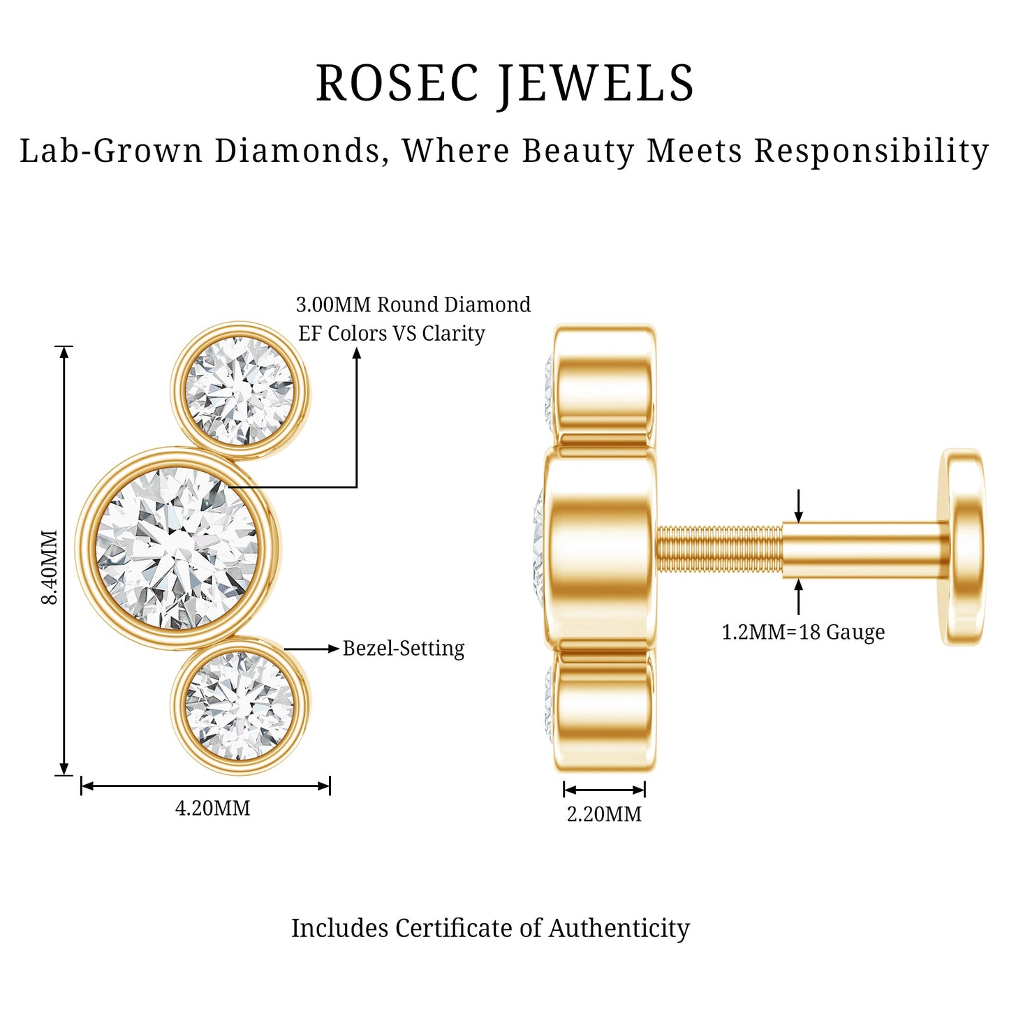 Bezel Set Diamond Three Stone Earring for Helix Piercing