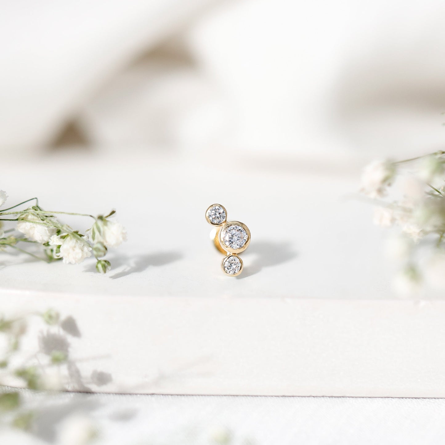Bezel Set Diamond Three Stone Earring for Helix Piercing
