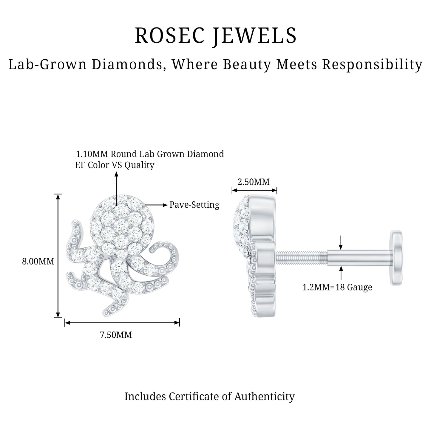 Diamond Octopus Earring with Flat Back