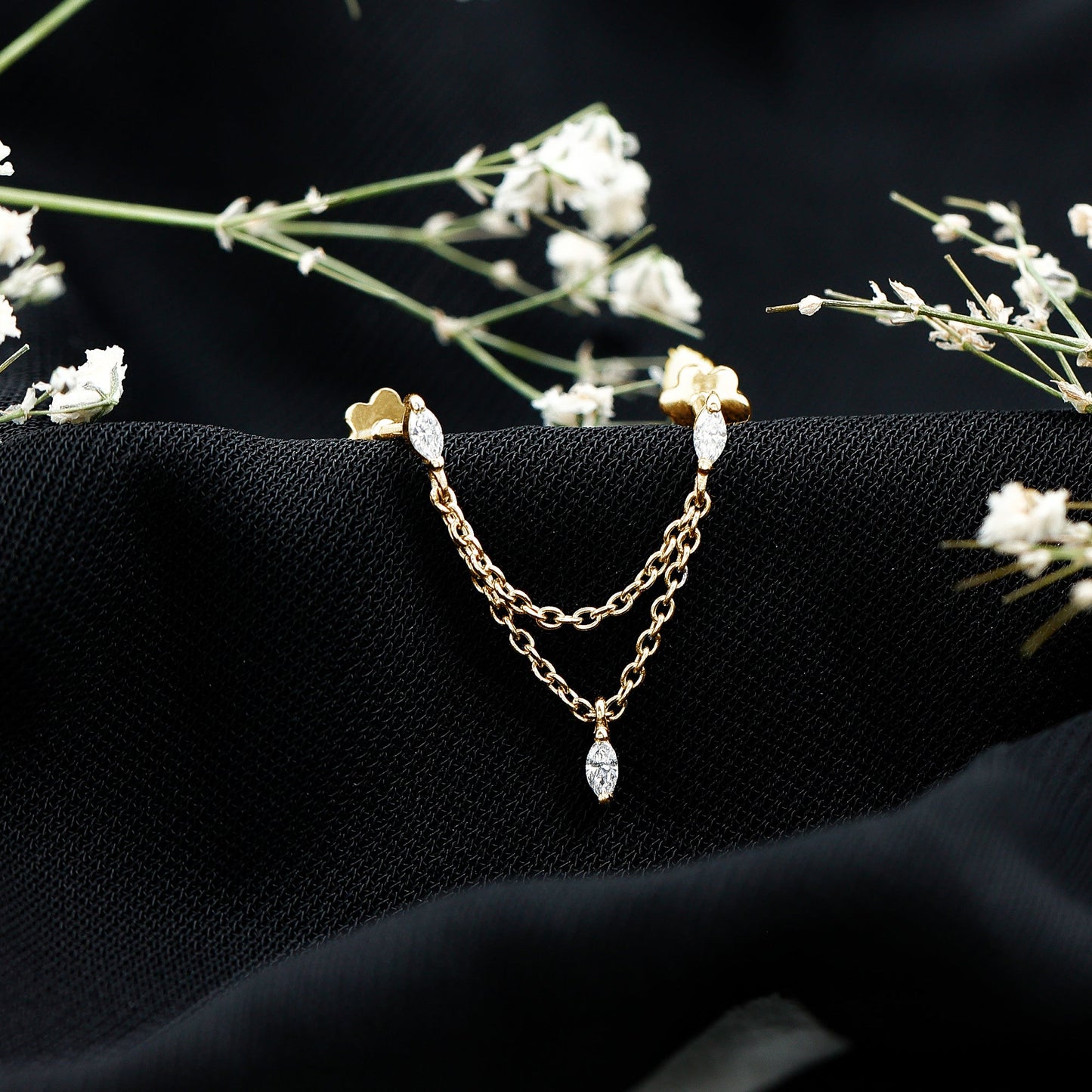 Marquise Diamond Double Piercing Earring with Dangling Chain