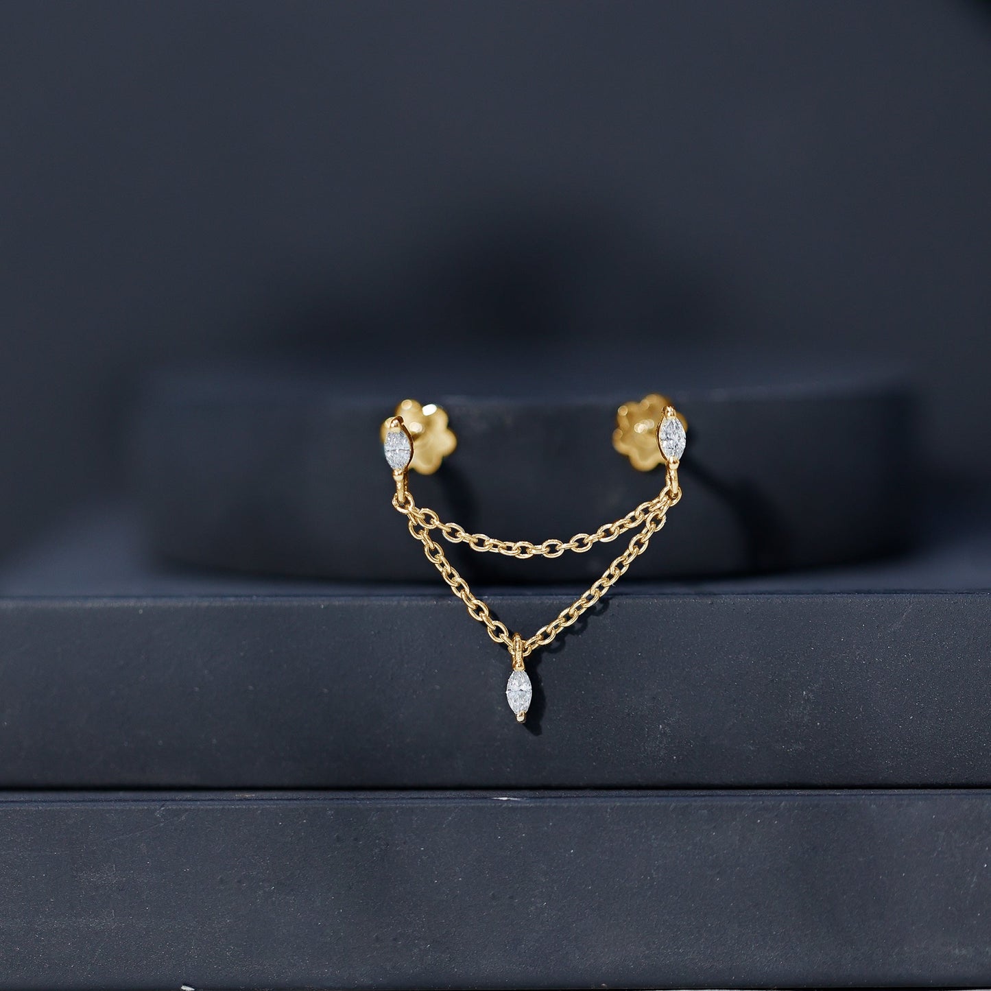 Marquise Diamond Double Piercing Earring with Dangling Chain