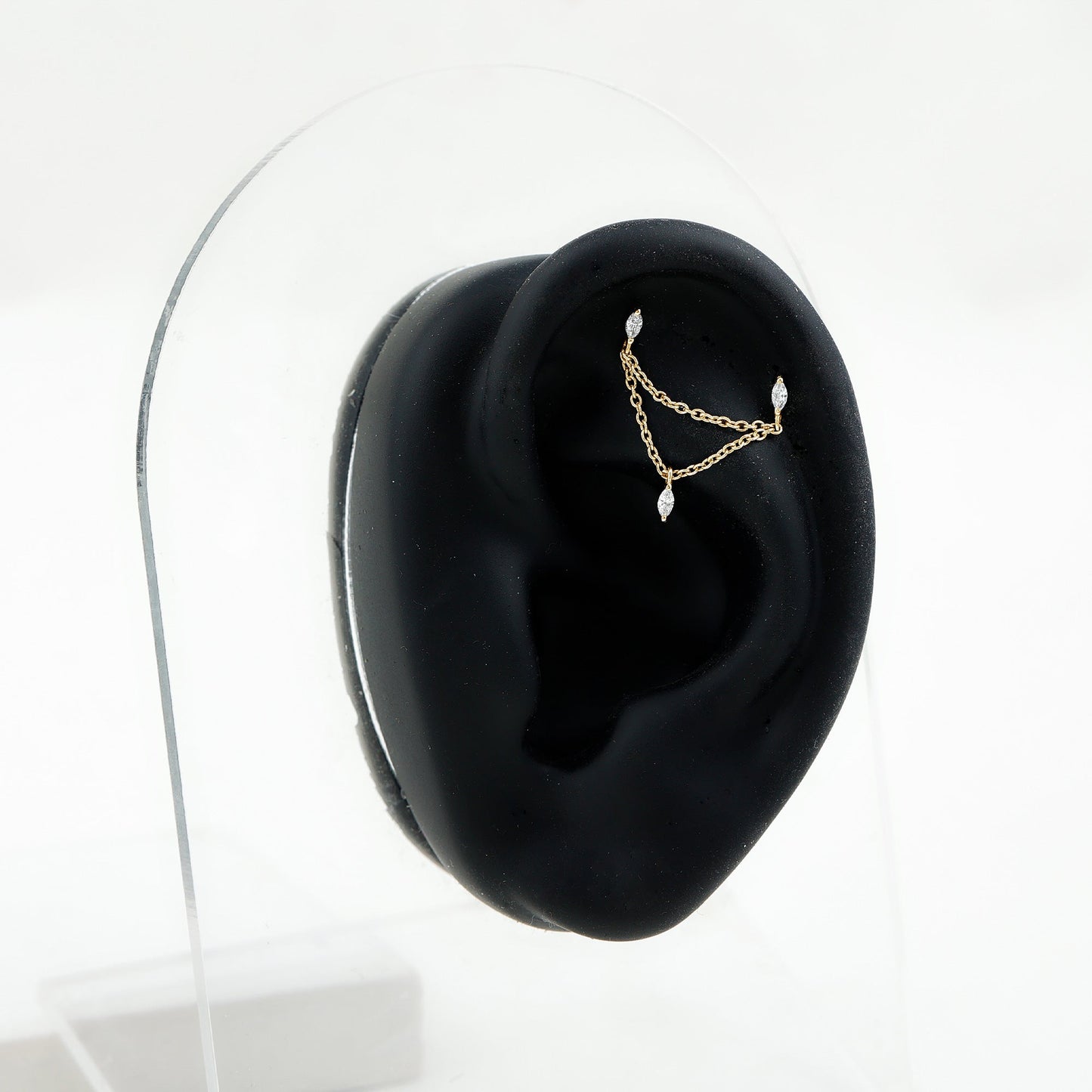 Marquise Diamond Double Piercing Earring with Dangling Chain