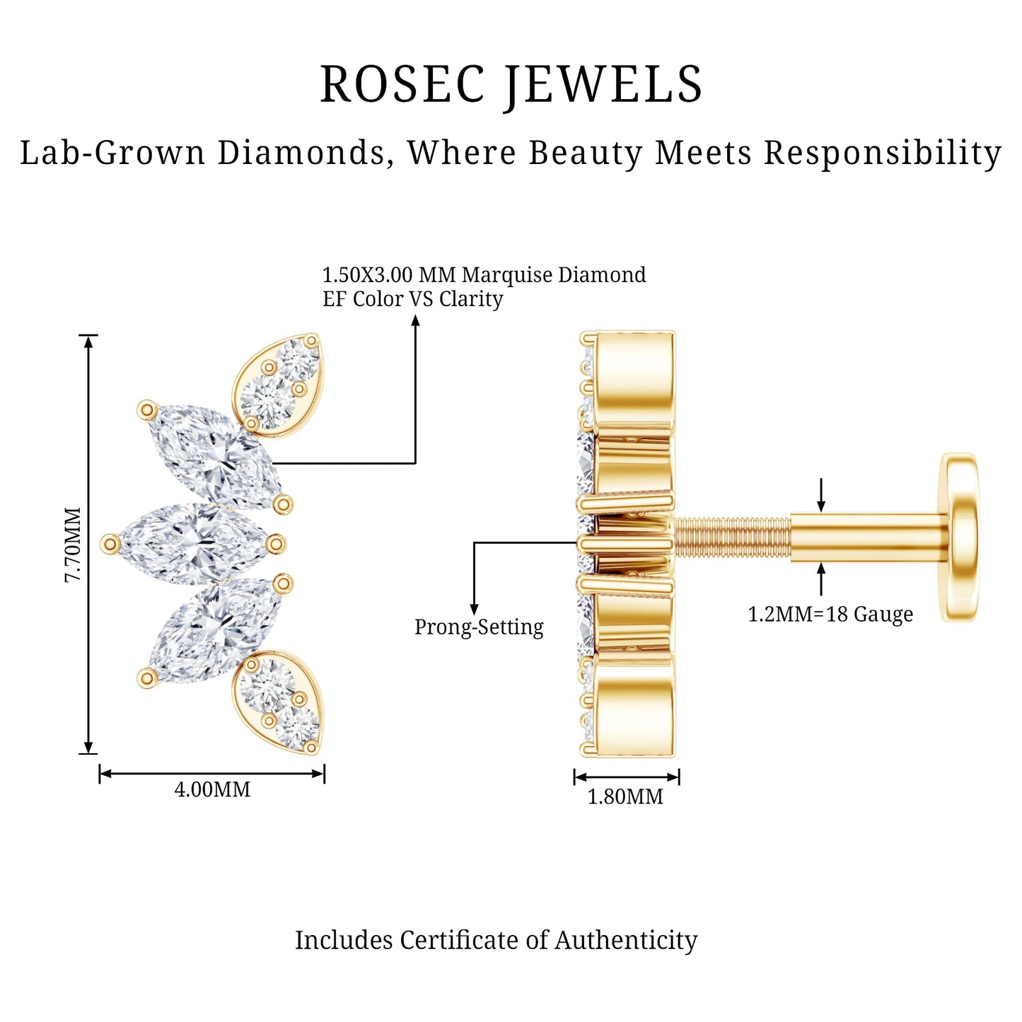 Marquise Diamond Leaf Crawler Earring for Helix Piercing