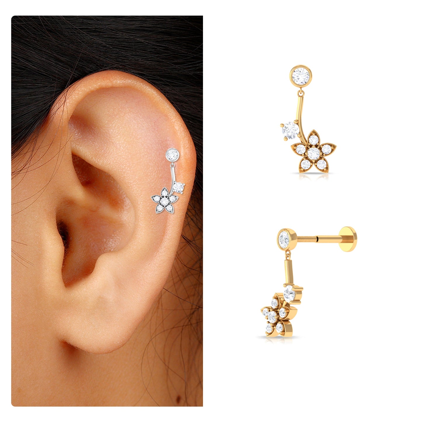 Diamond Floral Drop Earring for Cartilage Piercing