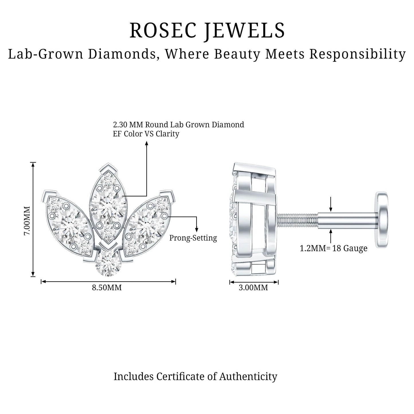 Certified Diamond Lotus Flower Earring with Flat Back