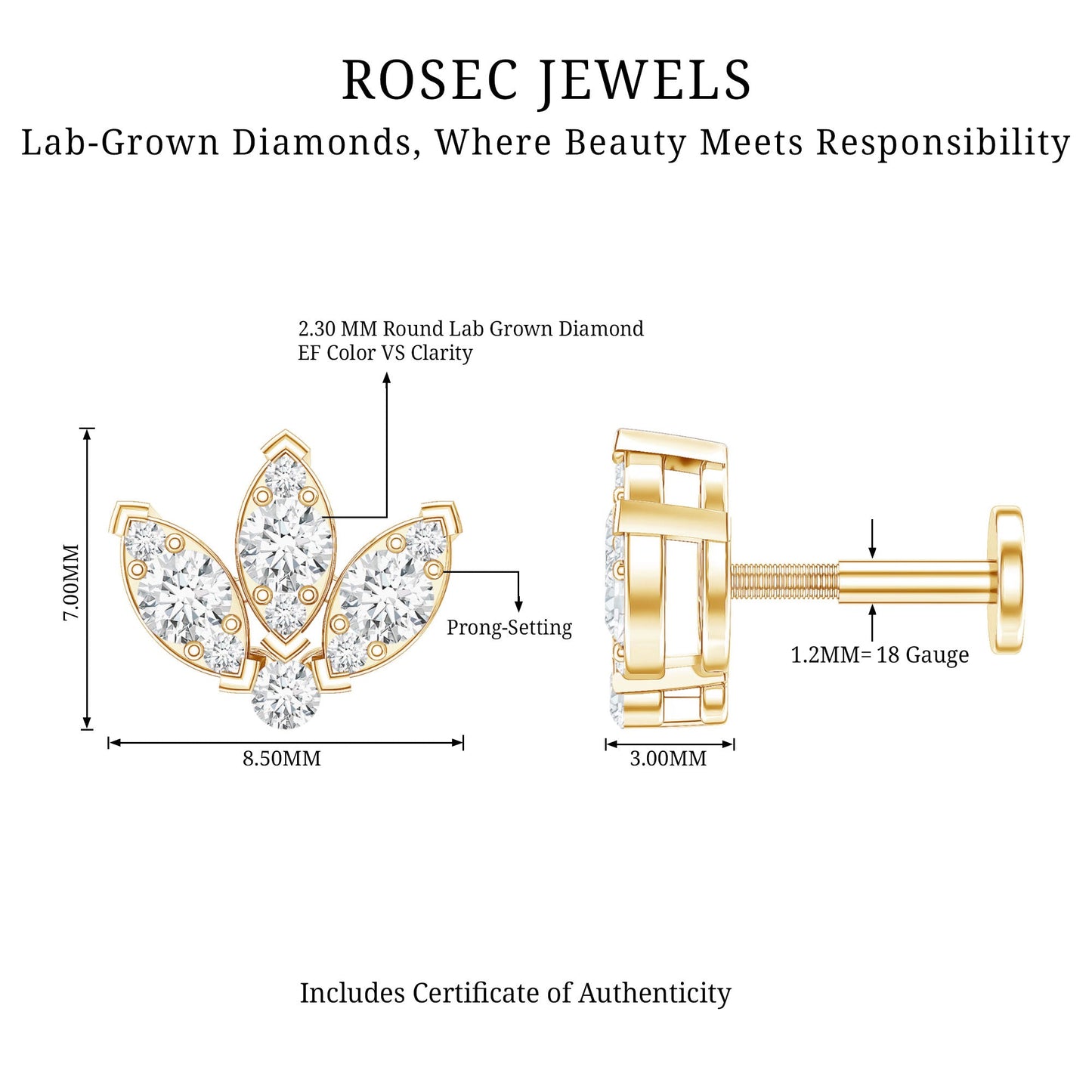 Certified Diamond Lotus Flower Earring with Flat Back