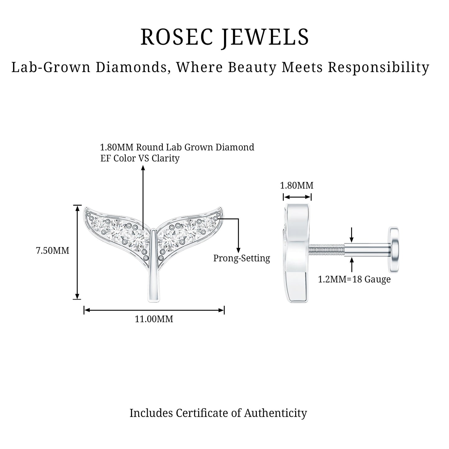 Certified Diamond Whale Tail Earring for Helix Piercing