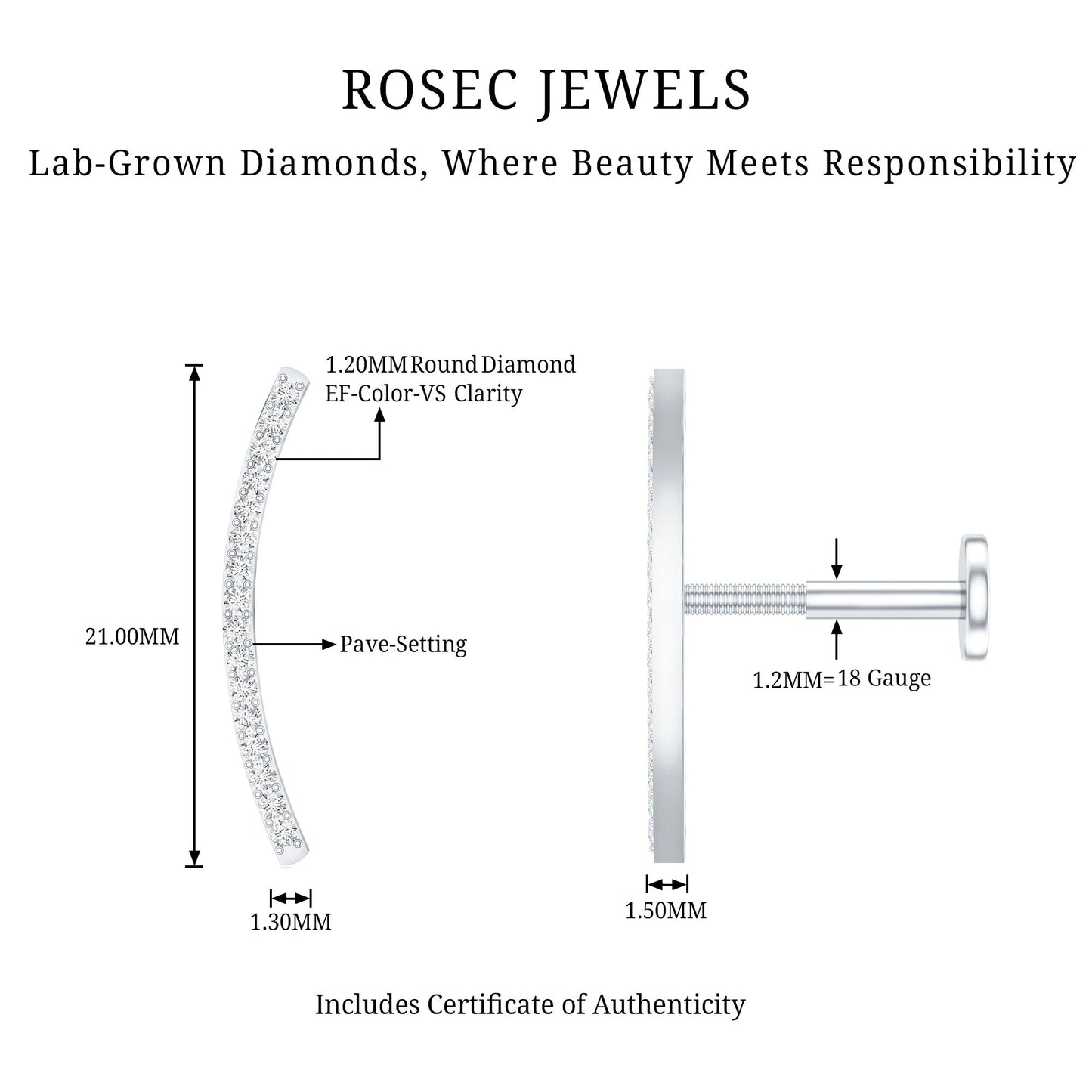 Pave Set Diamond Curved Bar Earring for Cartilage Piercing