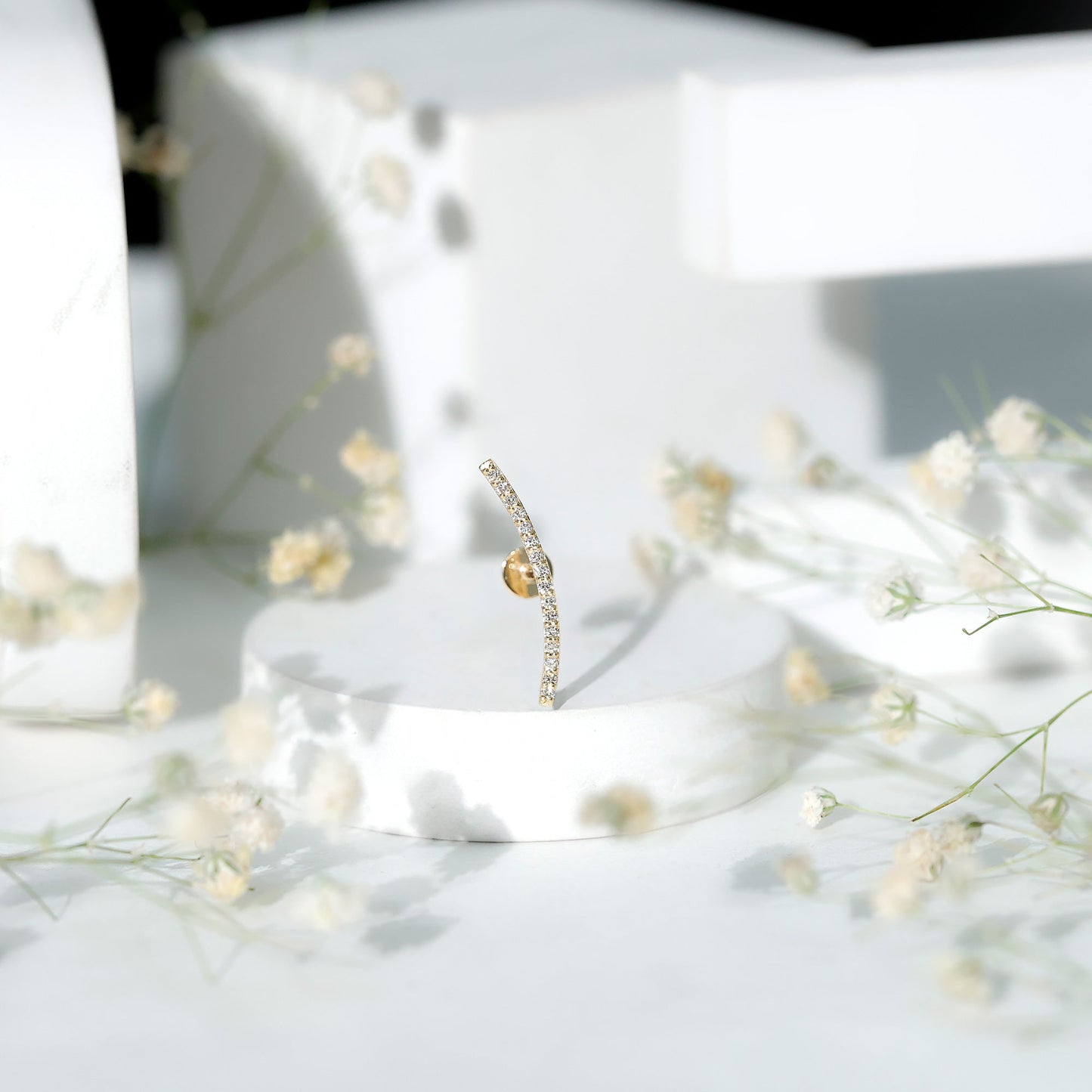 Pave Set Diamond Curved Bar Earring for Cartilage Piercing