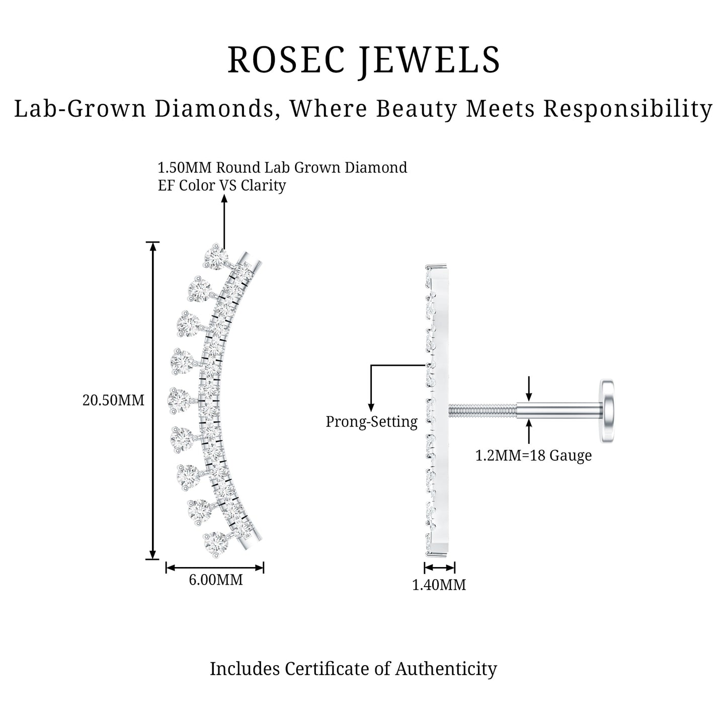 Minimal Diamond Crawler Earring for Cartilage Piercing