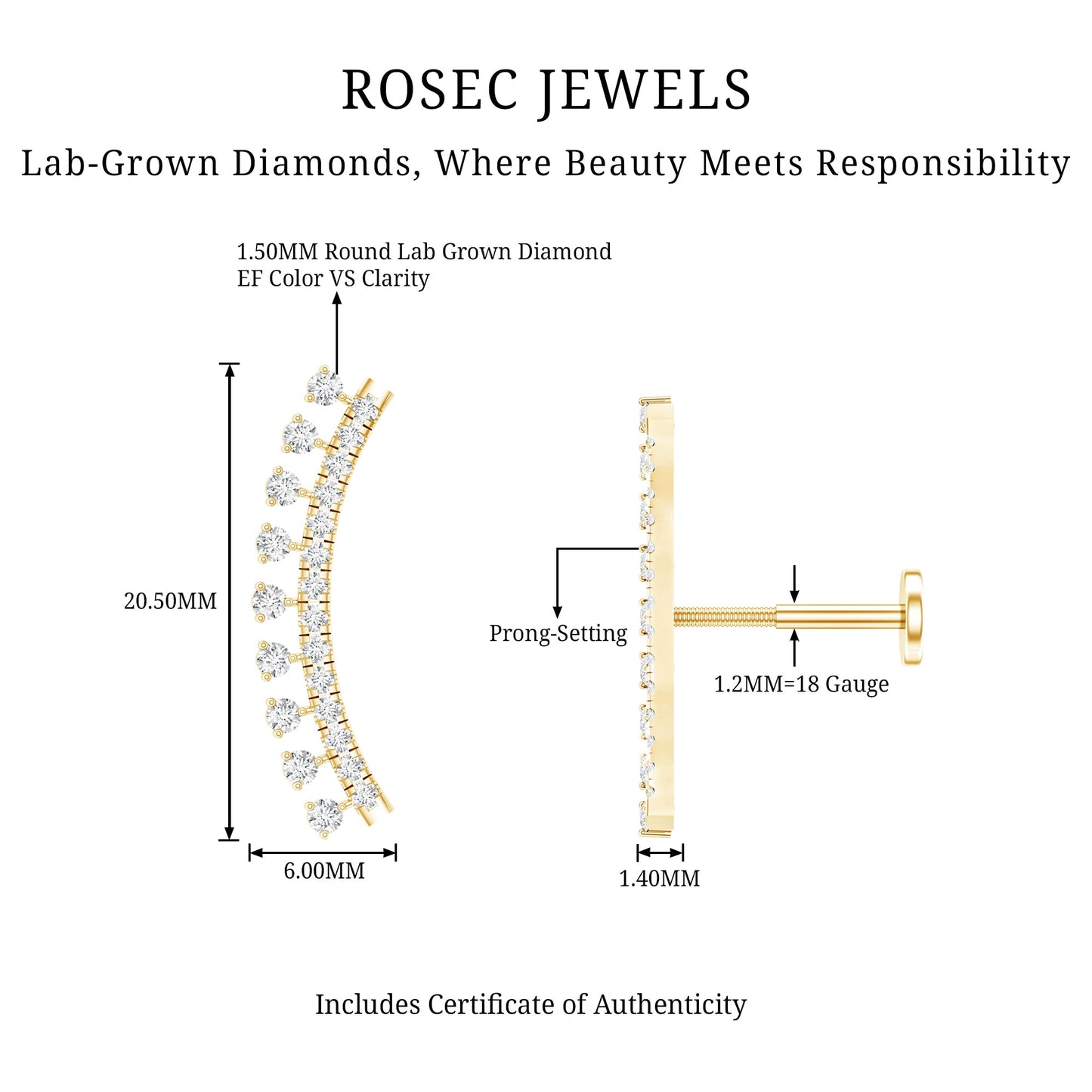 Minimal Diamond Crawler Earring for Cartilage Piercing
