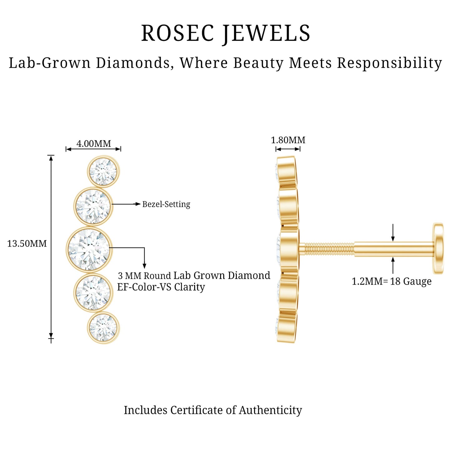 Graduated Style Diamond Crawler Earring for Helix Piercing