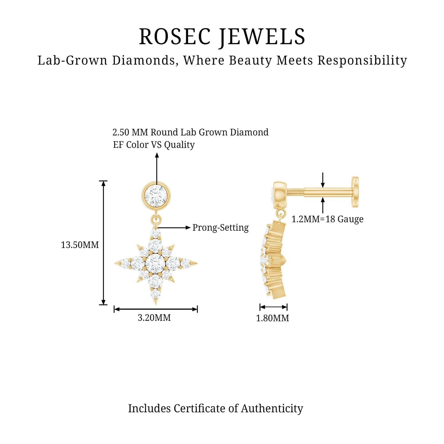 Certified Diamond Starburst Drop Earring for Helix Piercing