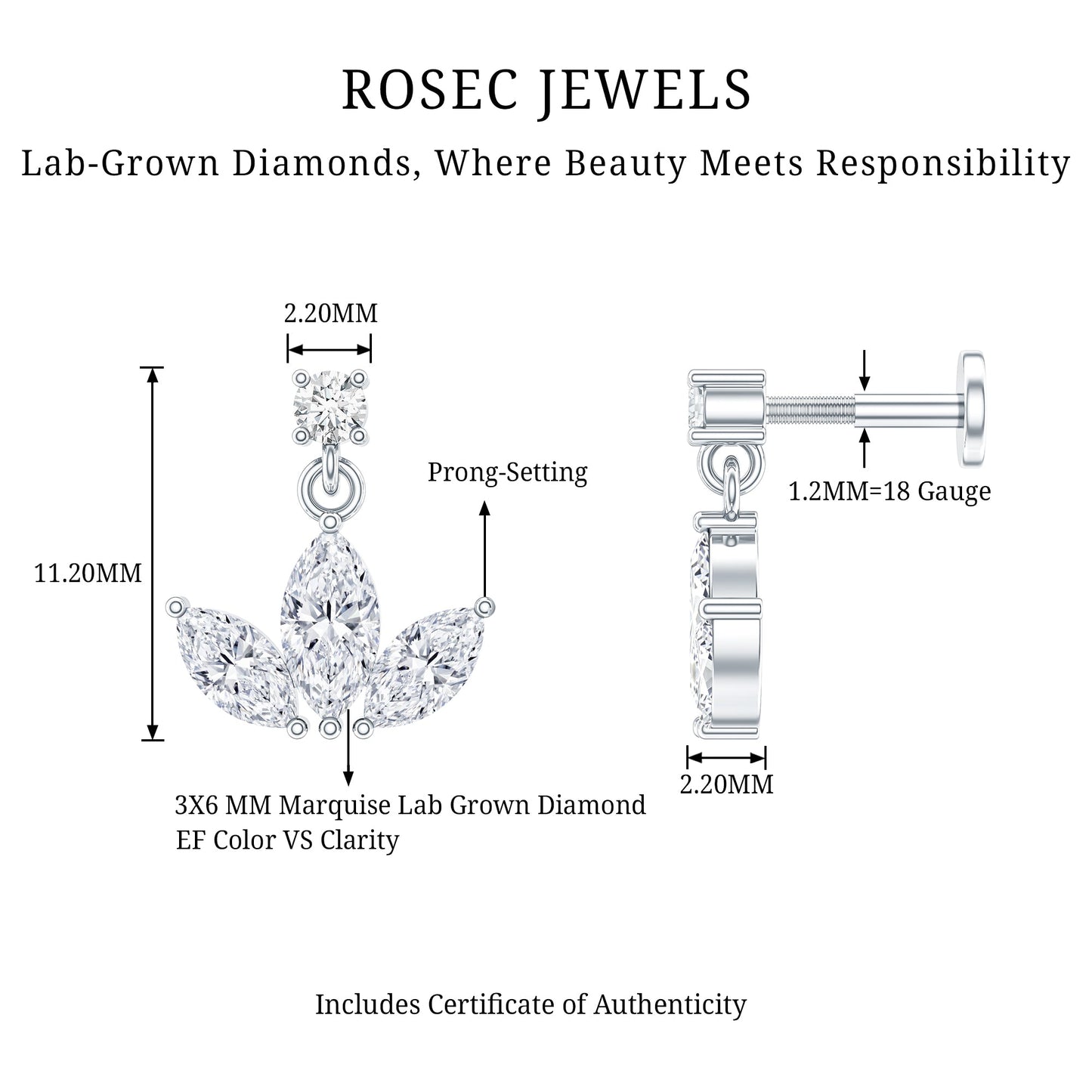 Marquise Diamond Lotus Cartilage Drop Earring