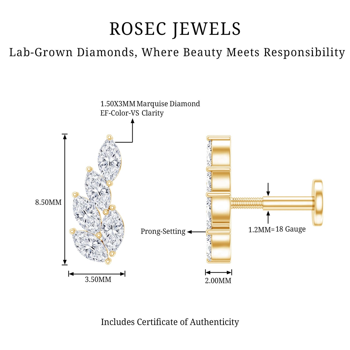Marquise Diamond Leaf Cluster Earring for Helix Piercing