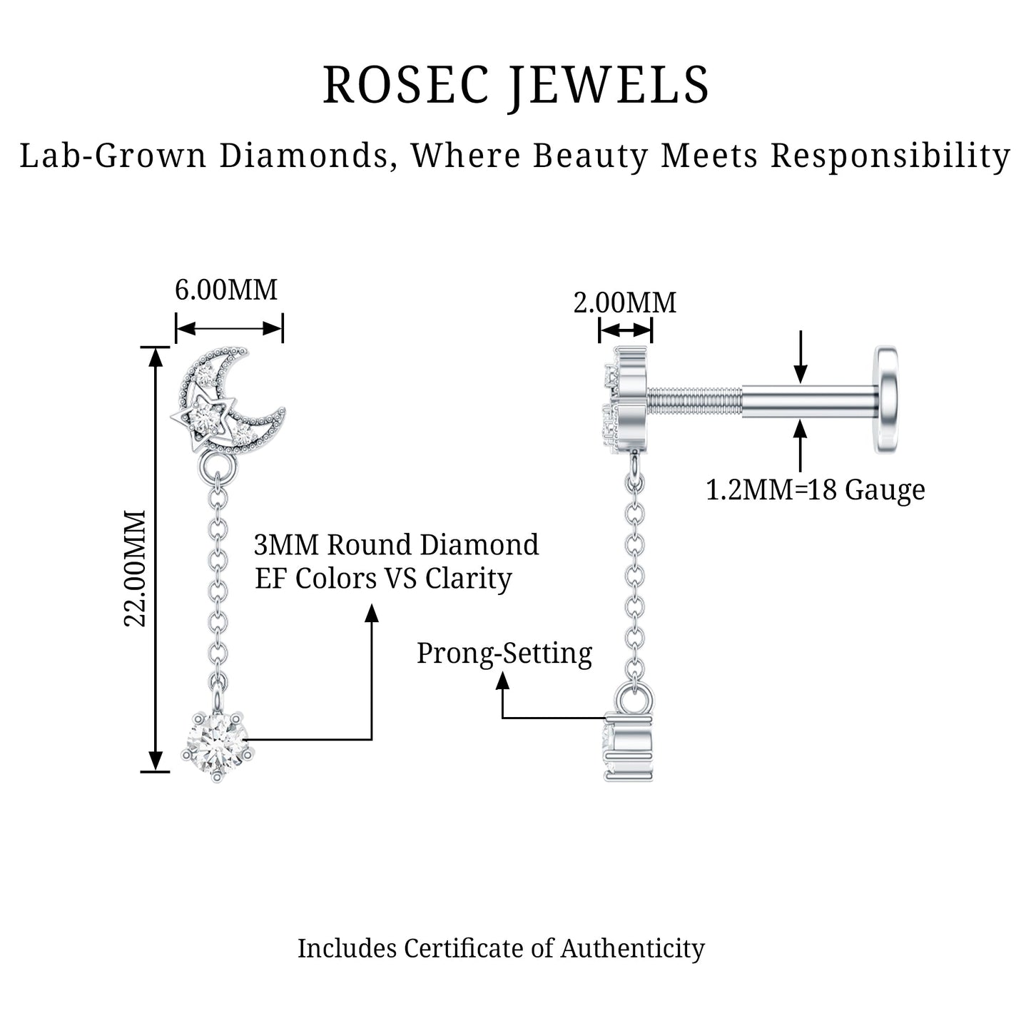 Diamond Moon Chain Earring for Helix Piercing