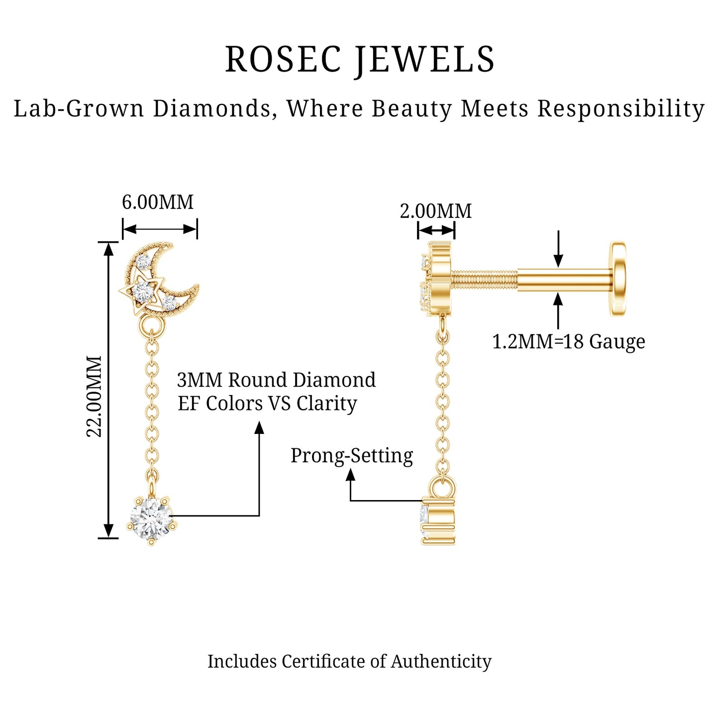 Diamond Moon Chain Earring for Helix Piercing