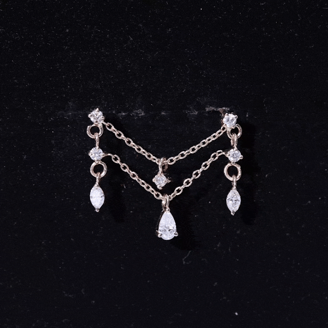 Brilliant Cut Diamond Double Chain Drop Earring for Cartilage Piercing