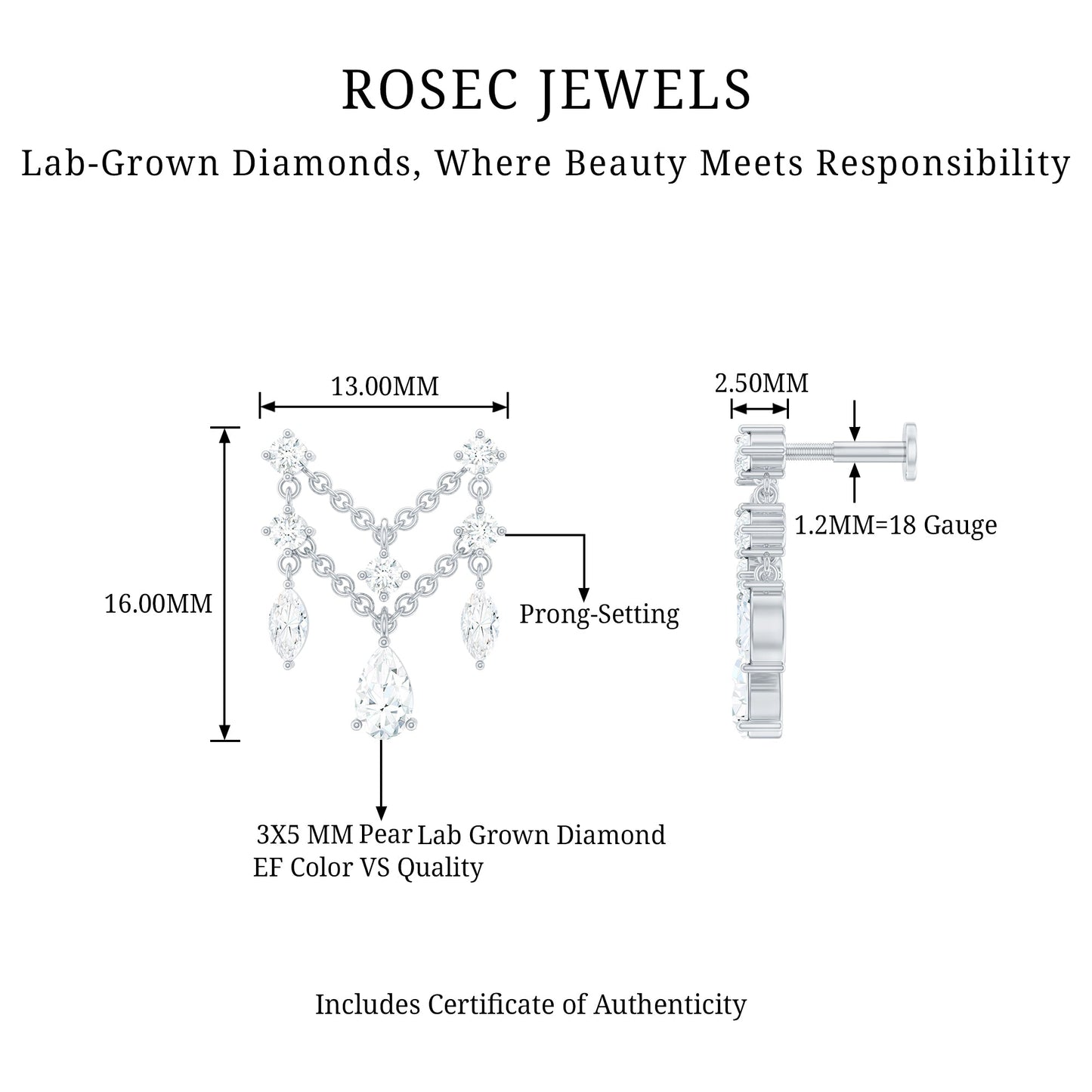 Brilliant Cut Diamond Double Chain Drop Earring for Cartilage Piercing