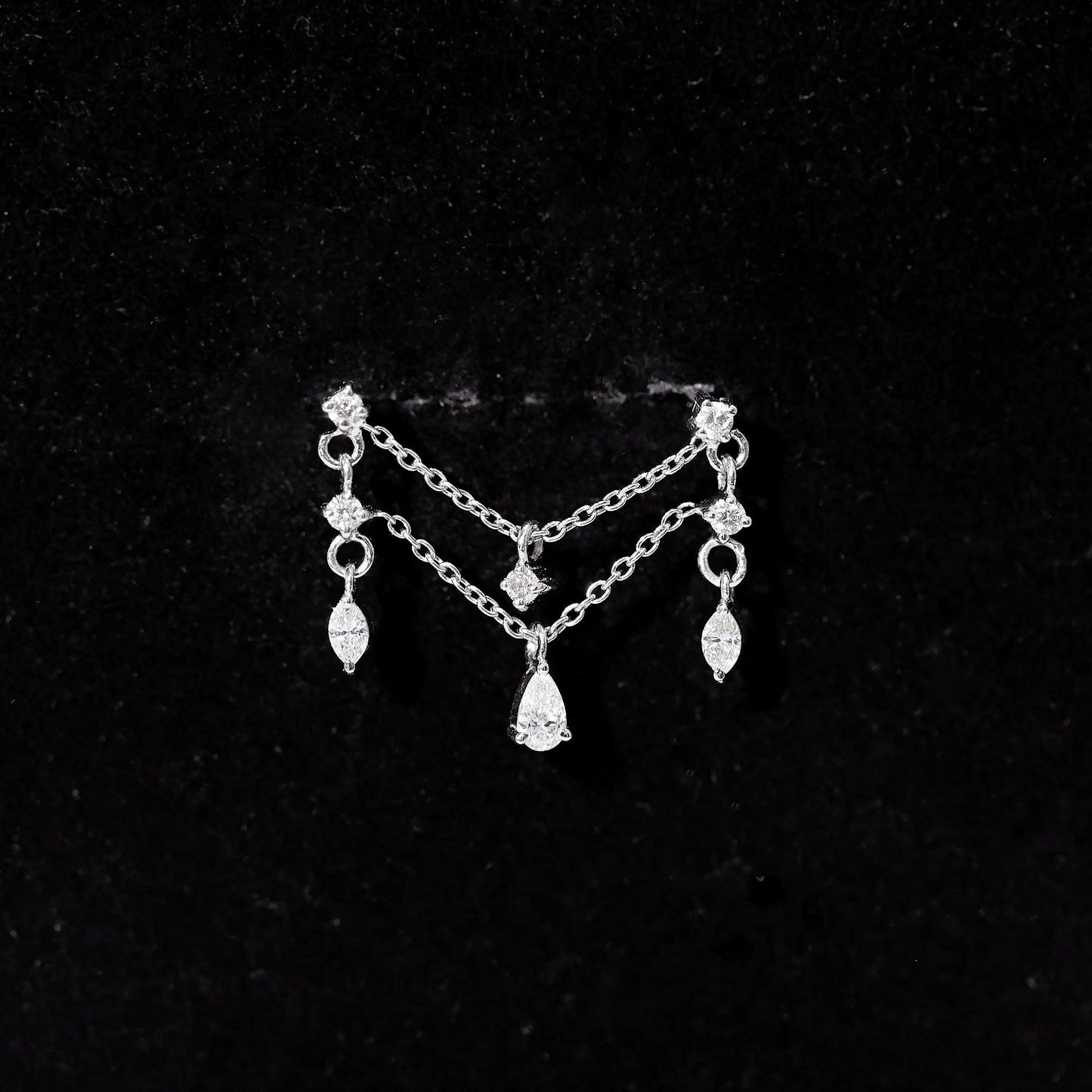 Brilliant Cut Diamond Double Chain Drop Earring for Cartilage Piercing