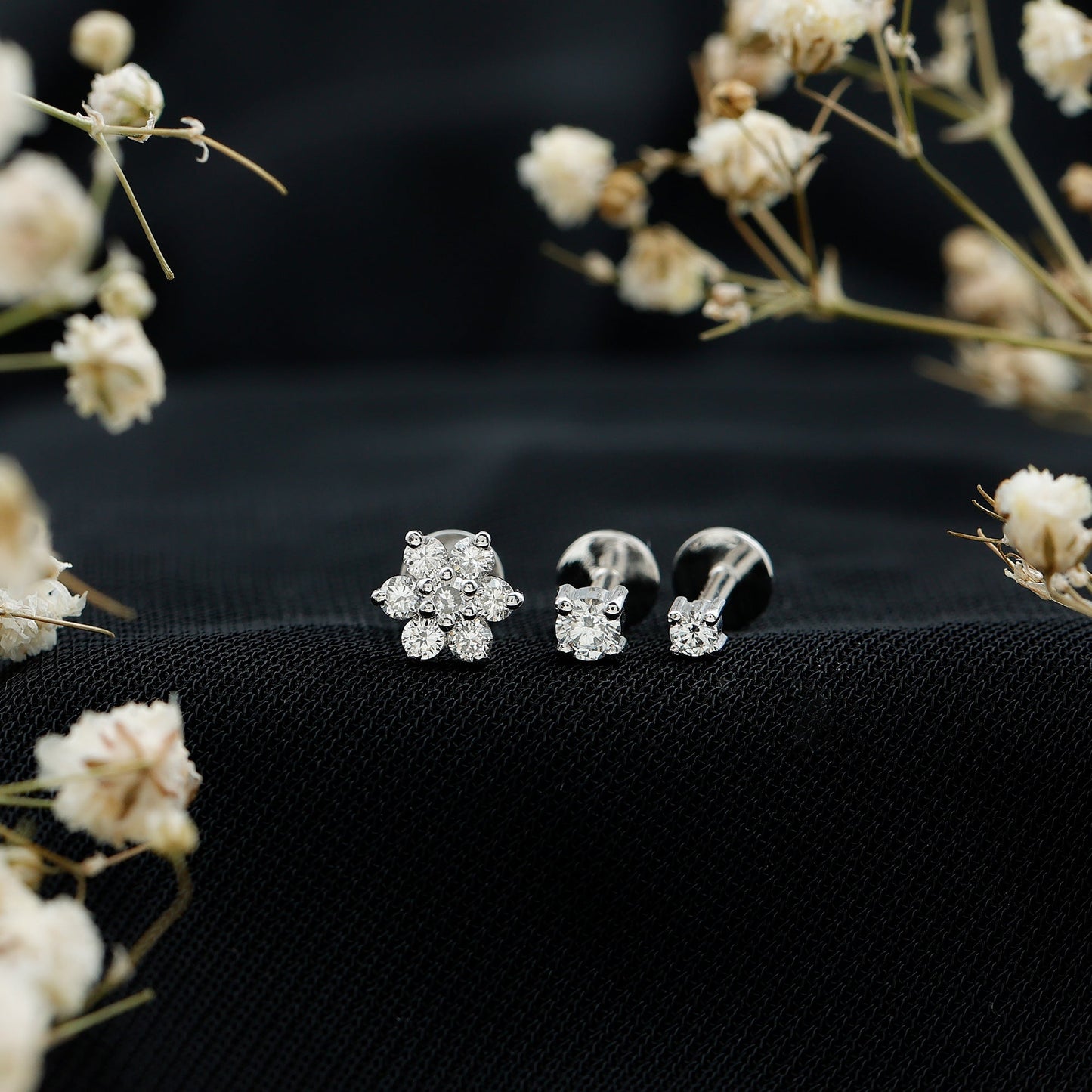 Certified Diamond Flower Helix Earring Set of 3