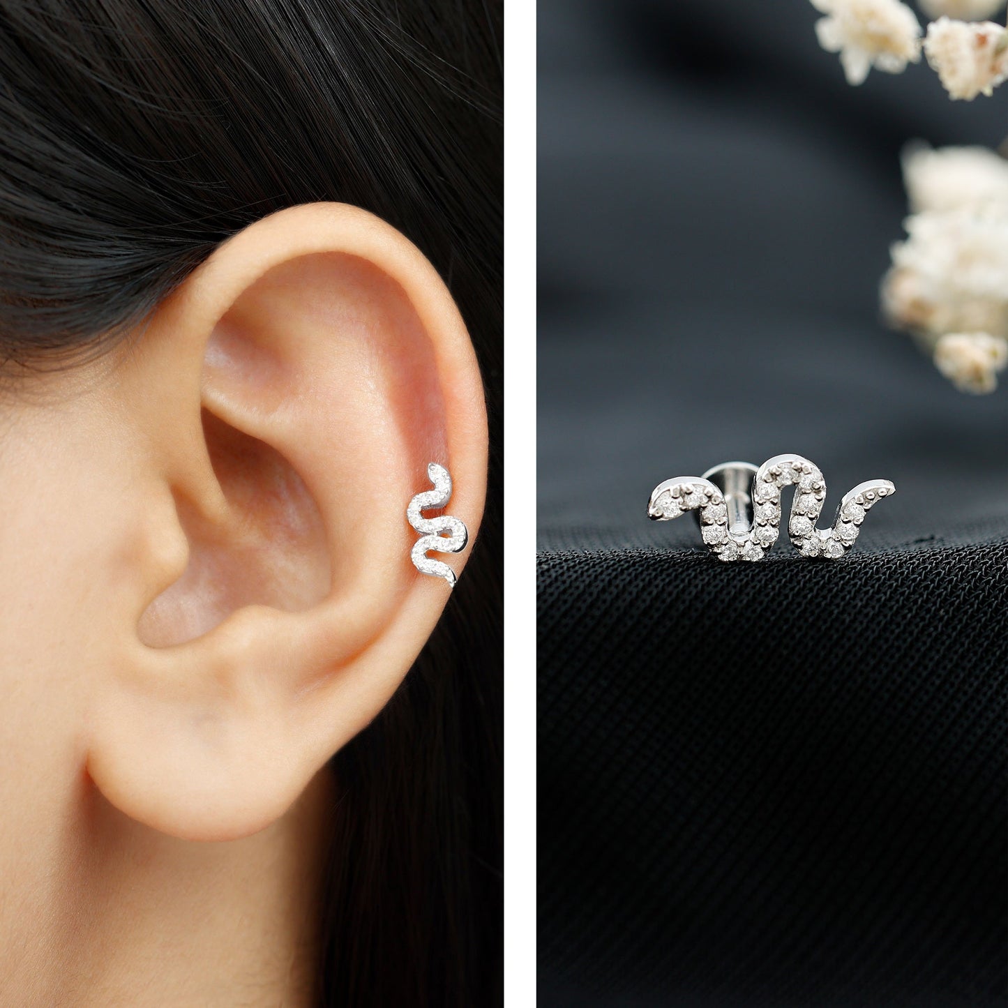 Certified Diamond Snake Earring for Cartilage Piercing