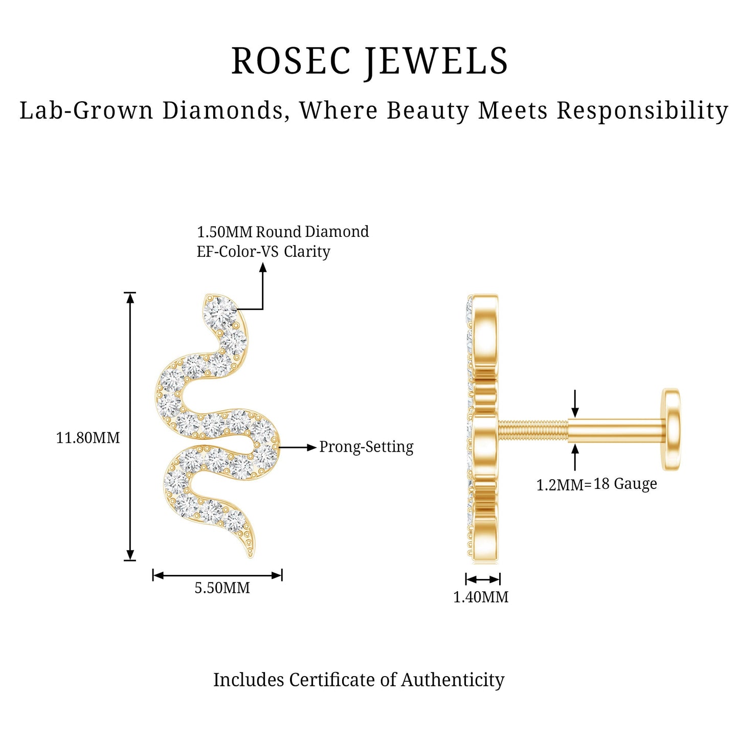 Certified Diamond Snake Earring for Cartilage Piercing