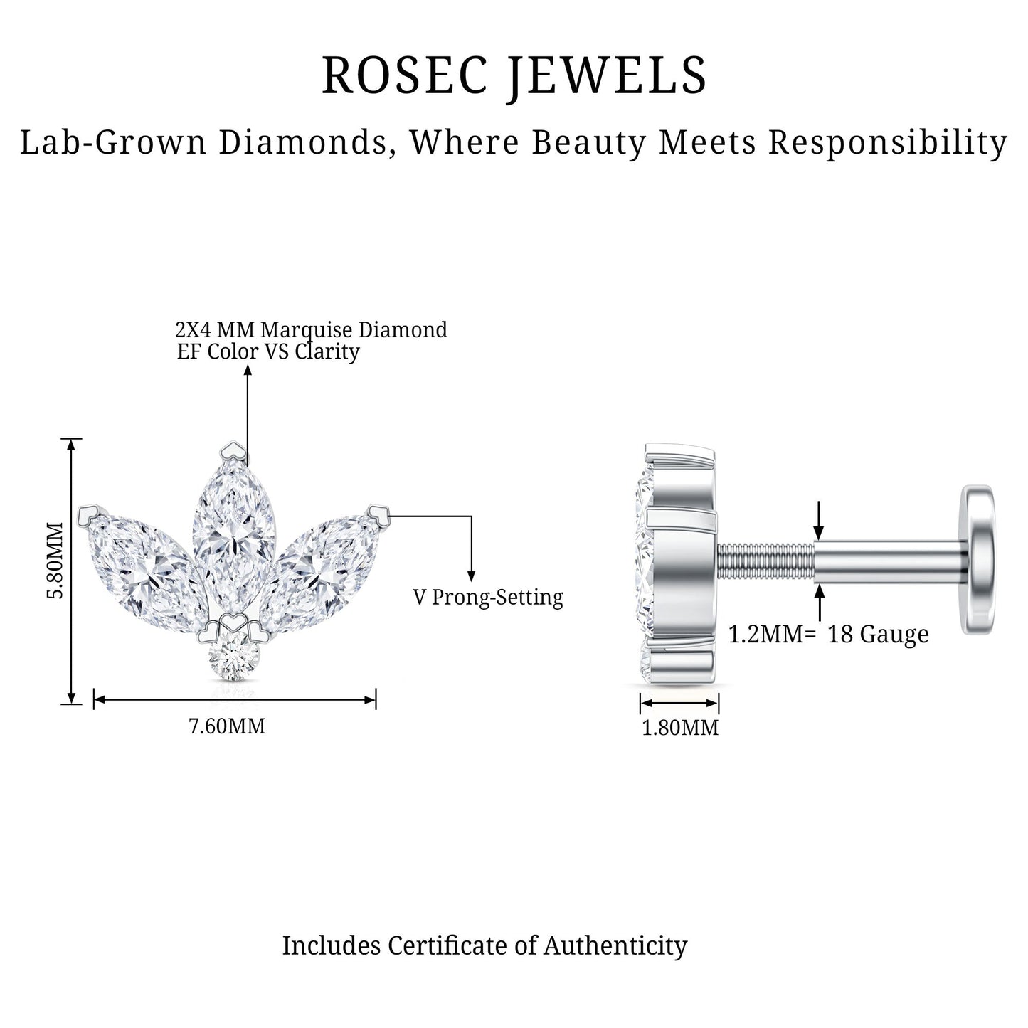 Marquise Cut Diamond Lotus Flower Earring for Cartilage Piercing