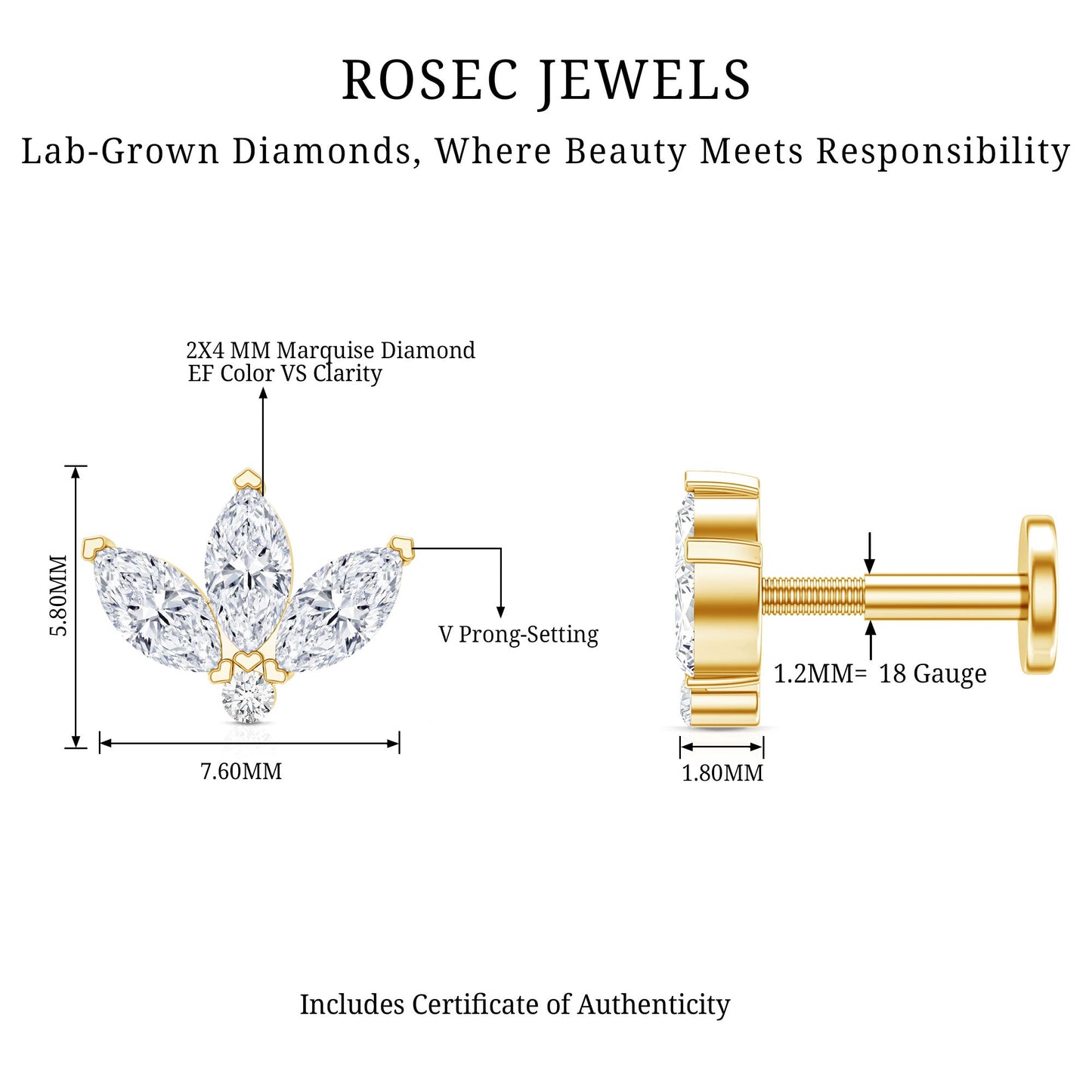 Marquise Cut Diamond Lotus Flower Earring for Cartilage Piercing