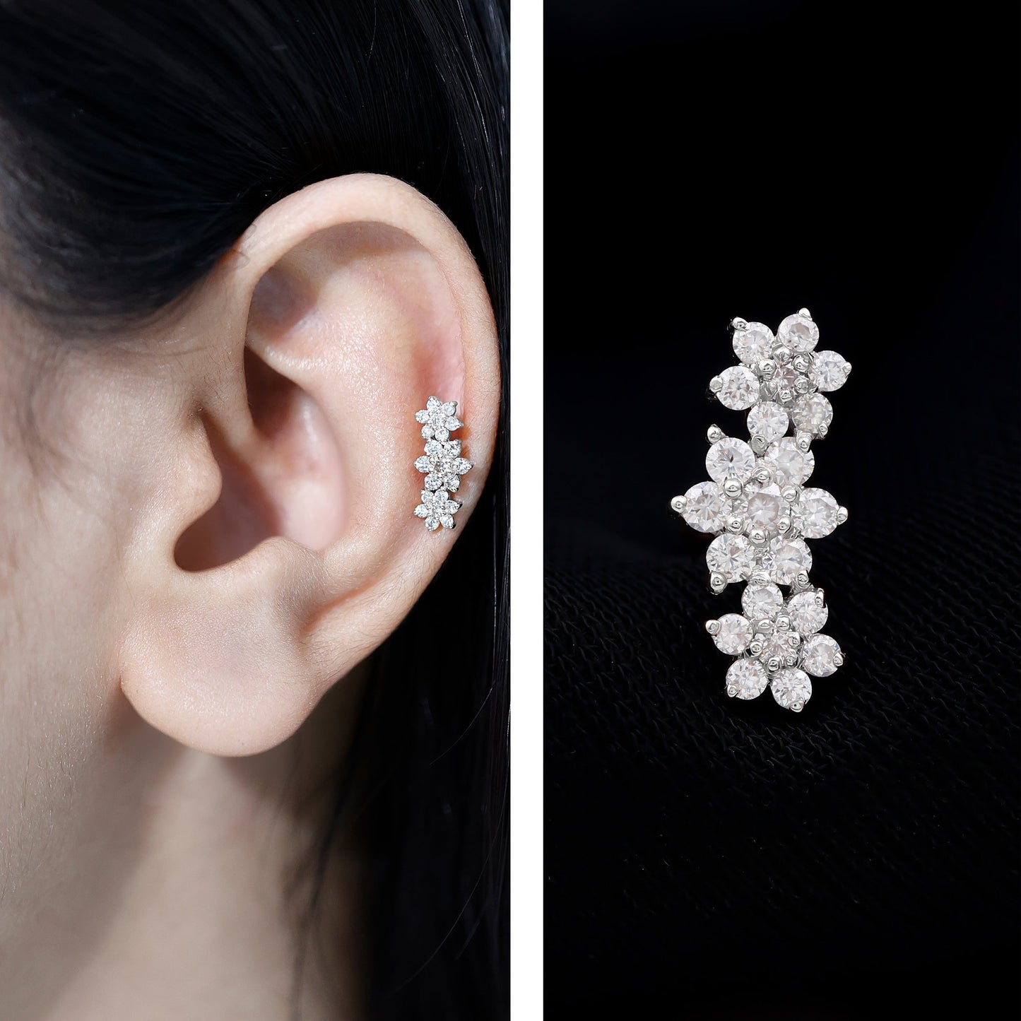 Diamond Three Flower Crawler Earring for Helix Piercing
