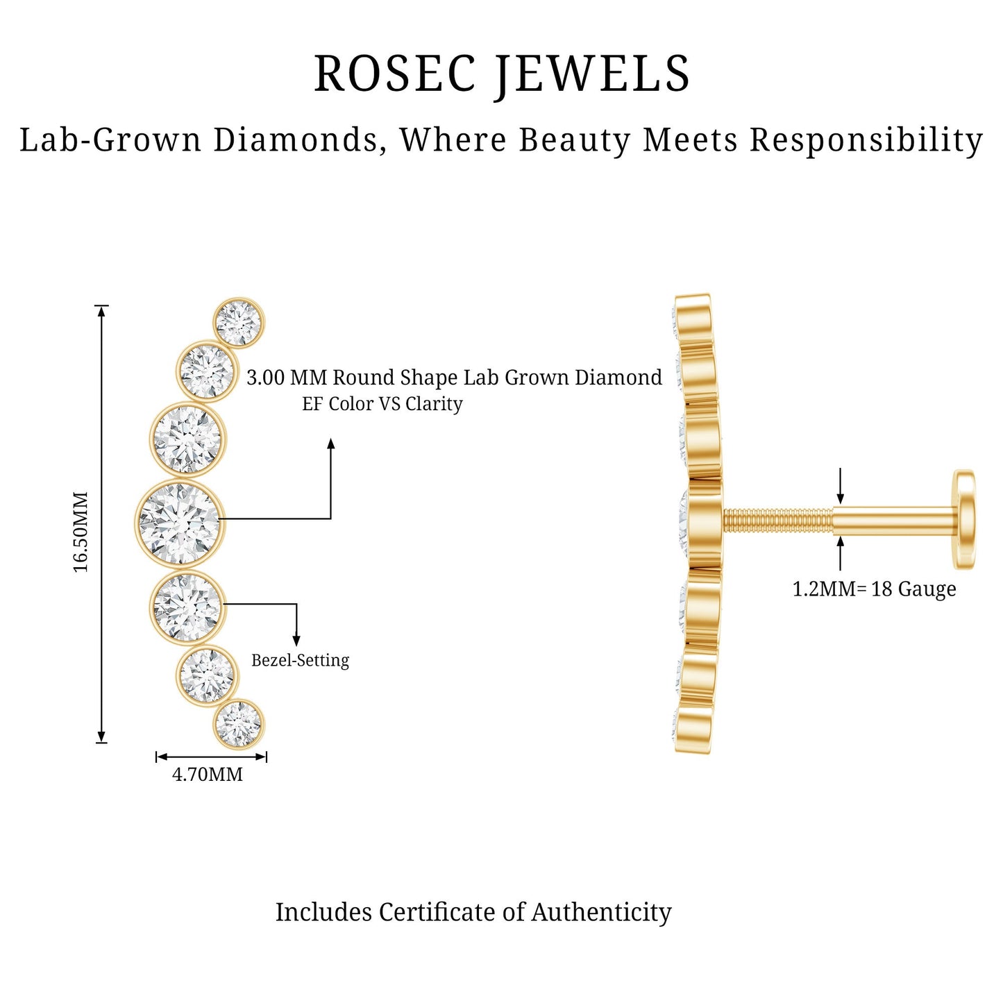 Graduated Diamond Crawler Helix Earring in Bezel Set