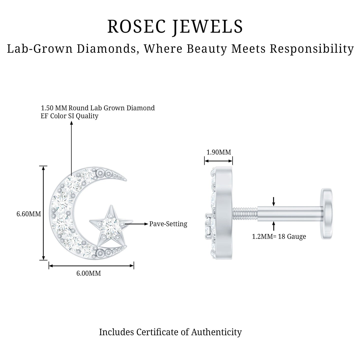 Certified Diamond Crescent Moon Helix Earring with Star