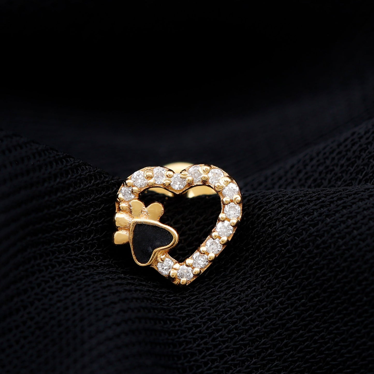 Sparkling Diamond Dog Paw Heart Earring with Black Enamel