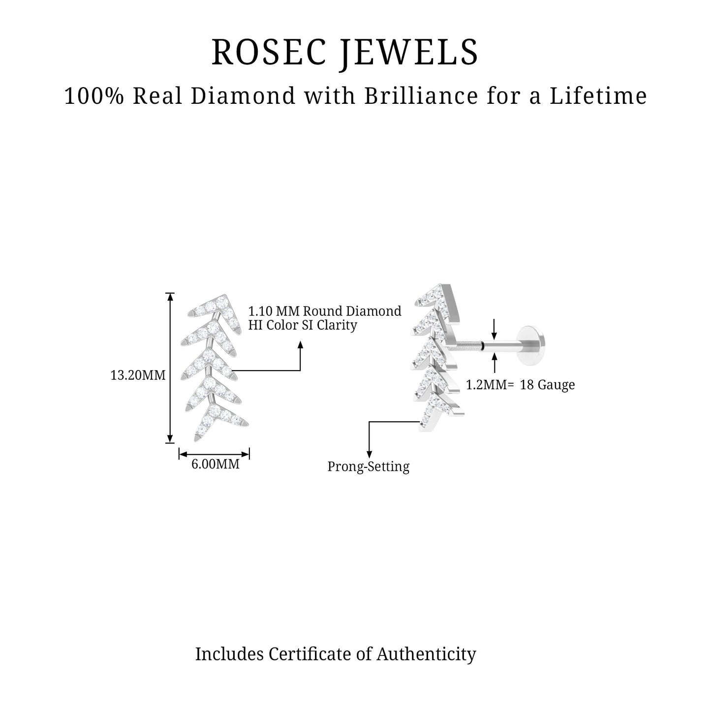 Minimalist Diamond Leaf Crawler Earring for Helix Piercing