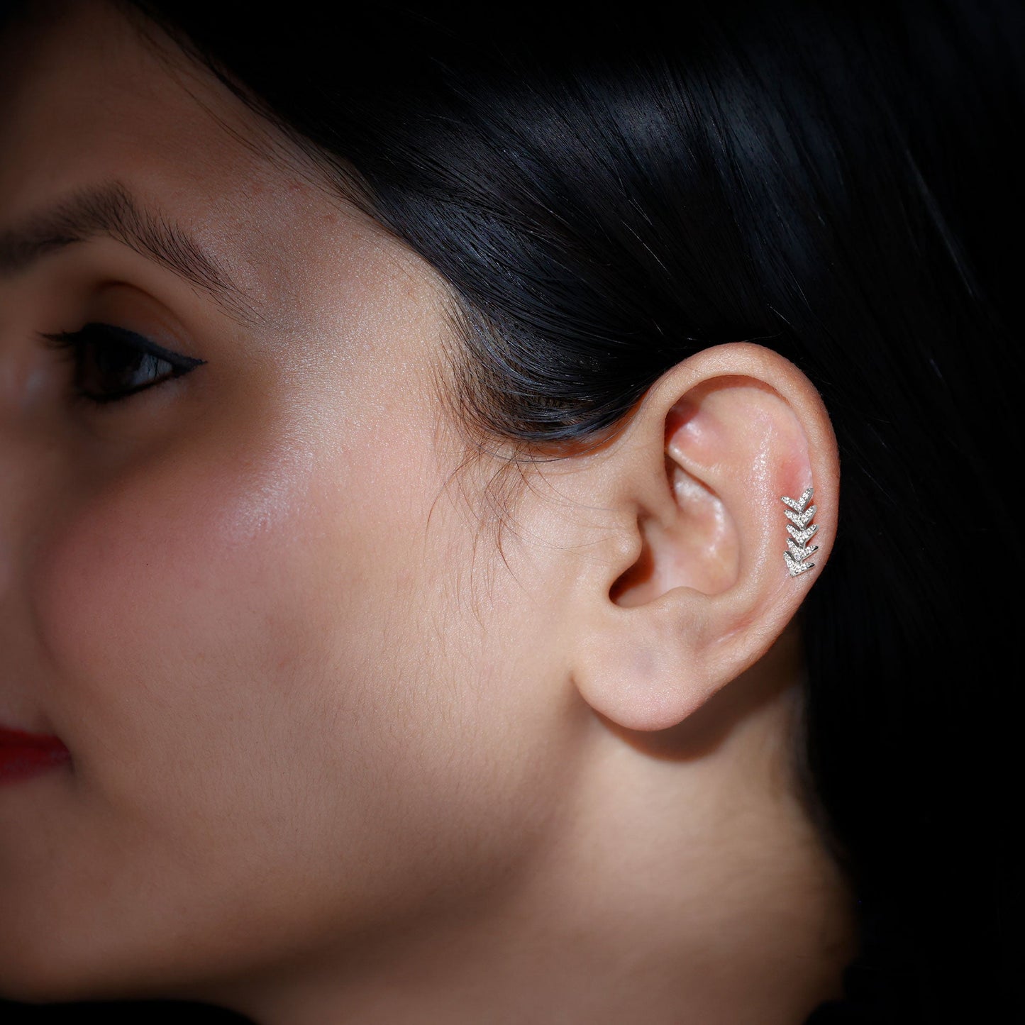 Minimalist Diamond Leaf Crawler Earring for Helix Piercing
