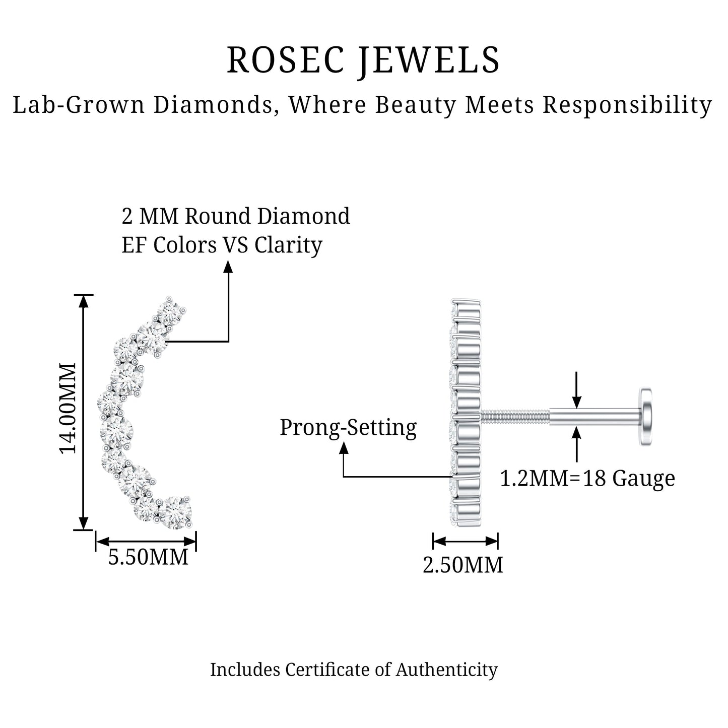 Certified Diamond Curved Crawler Earring for Women
