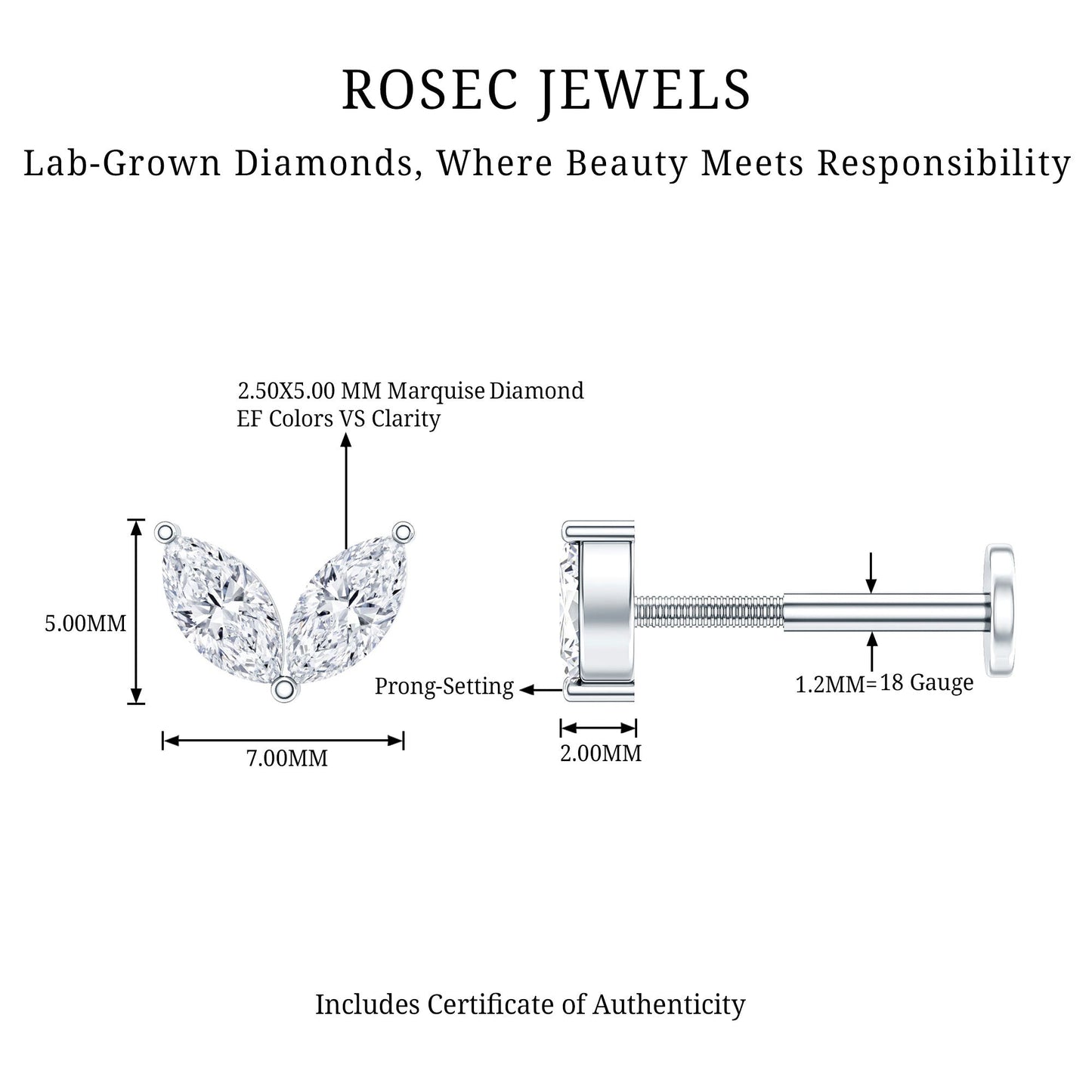 Marquise Diamond Two Stone Earring for Tragus Piercing