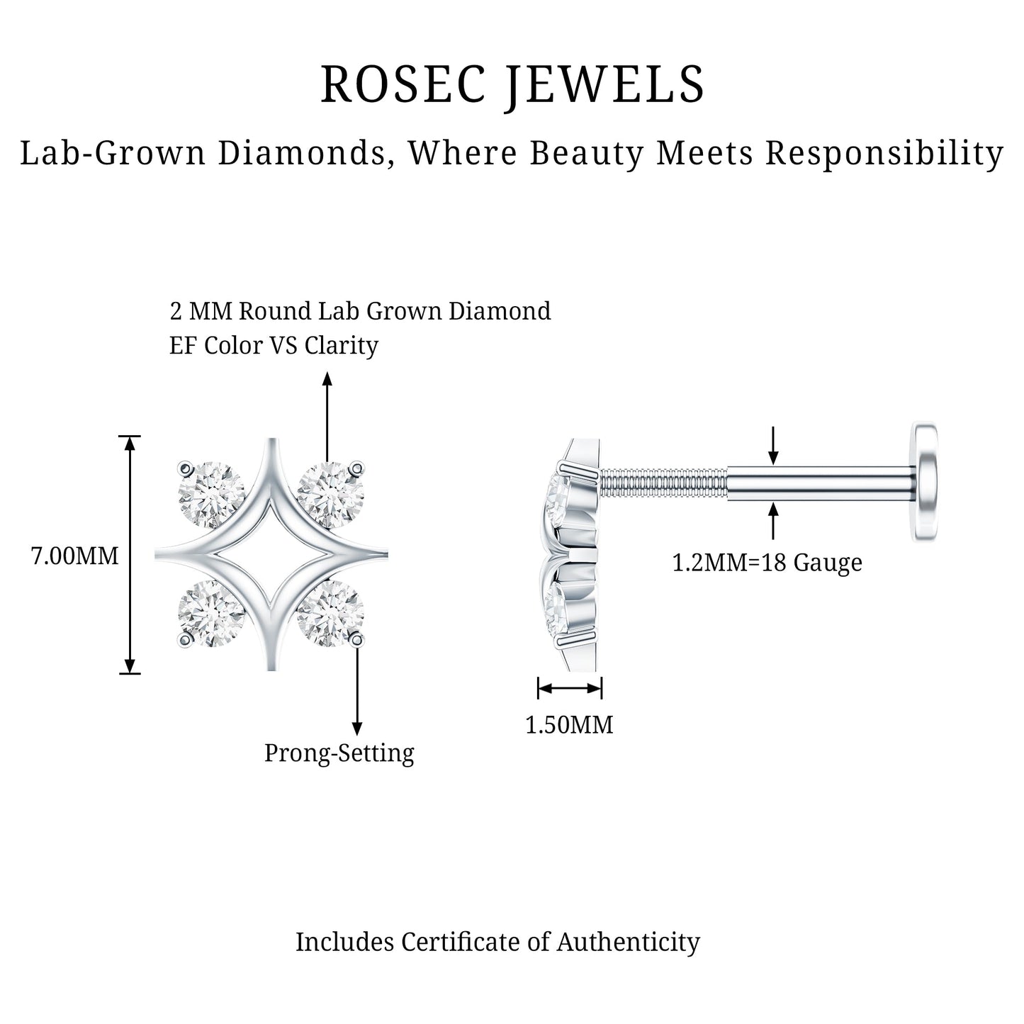 Round Cut Diamond Star Earring for Helix Piercing