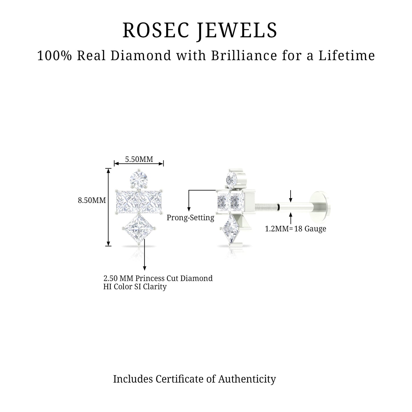 Princess Cut Diamond Helix Piercing Earring for Women