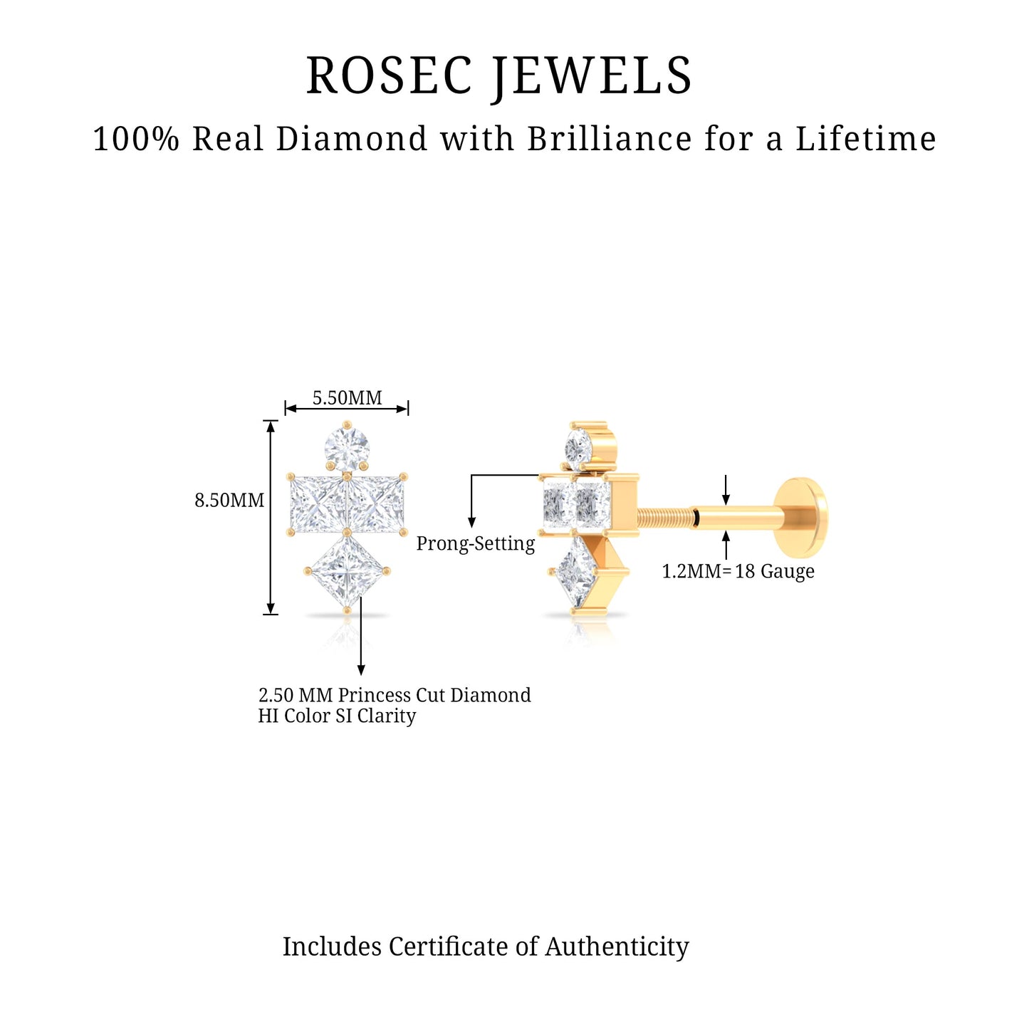 Princess Cut Diamond Helix Piercing Earring for Women