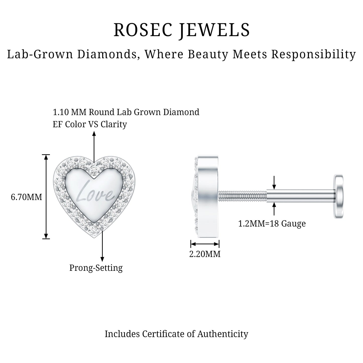 Cute Diamond Love Heart Earring for Helix Piercing