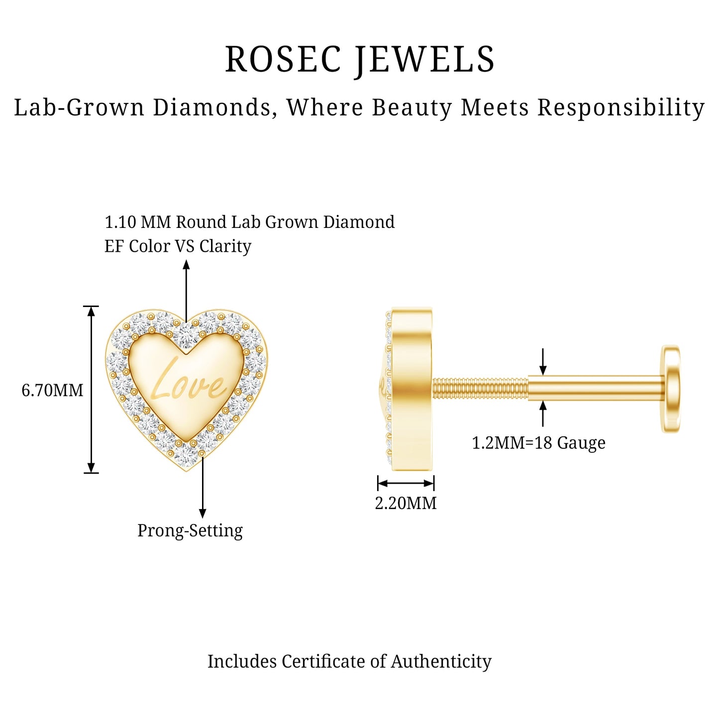 Cute Diamond Love Heart Earring for Helix Piercing