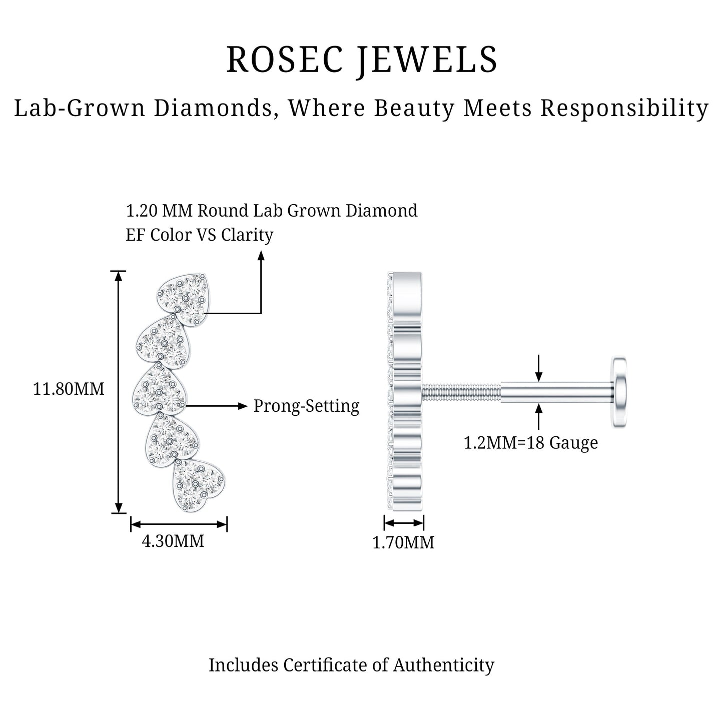 Diamond Heart Crawler Earring for Helix Piercing