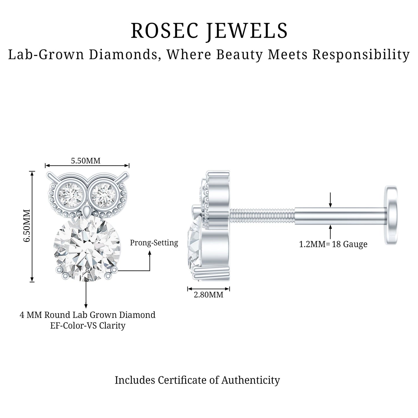 Diamond Owl Earring for Cartilage Piercing