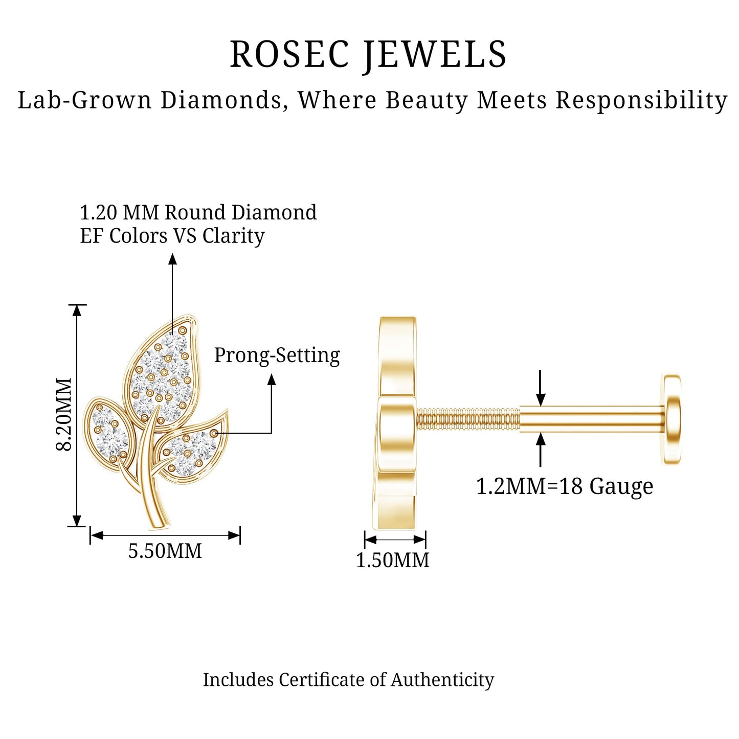 Diamond Leaf Flat Back Cartilage Stud Earring (18G) – Nature Inspired Helix & Tragus Jewelry in Gold