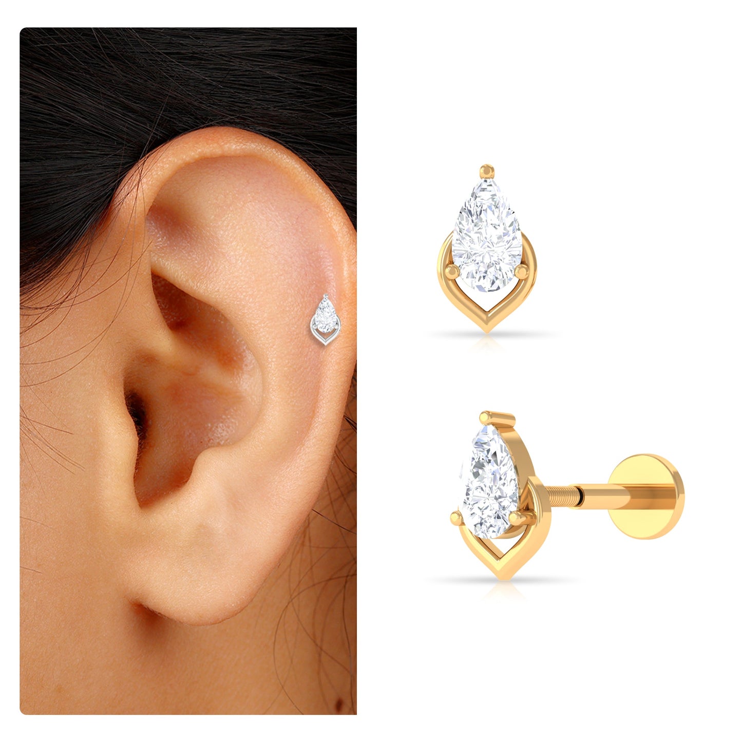 Pear Shape Diamond Solitaire Earring for Helix Piercing
