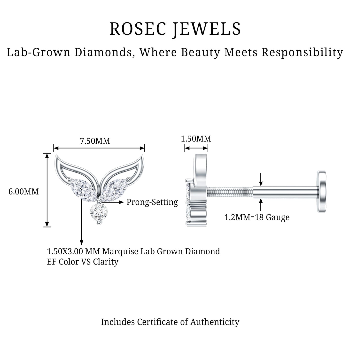 Marquise Diamond Leaf Earring for Cartilage Piercing