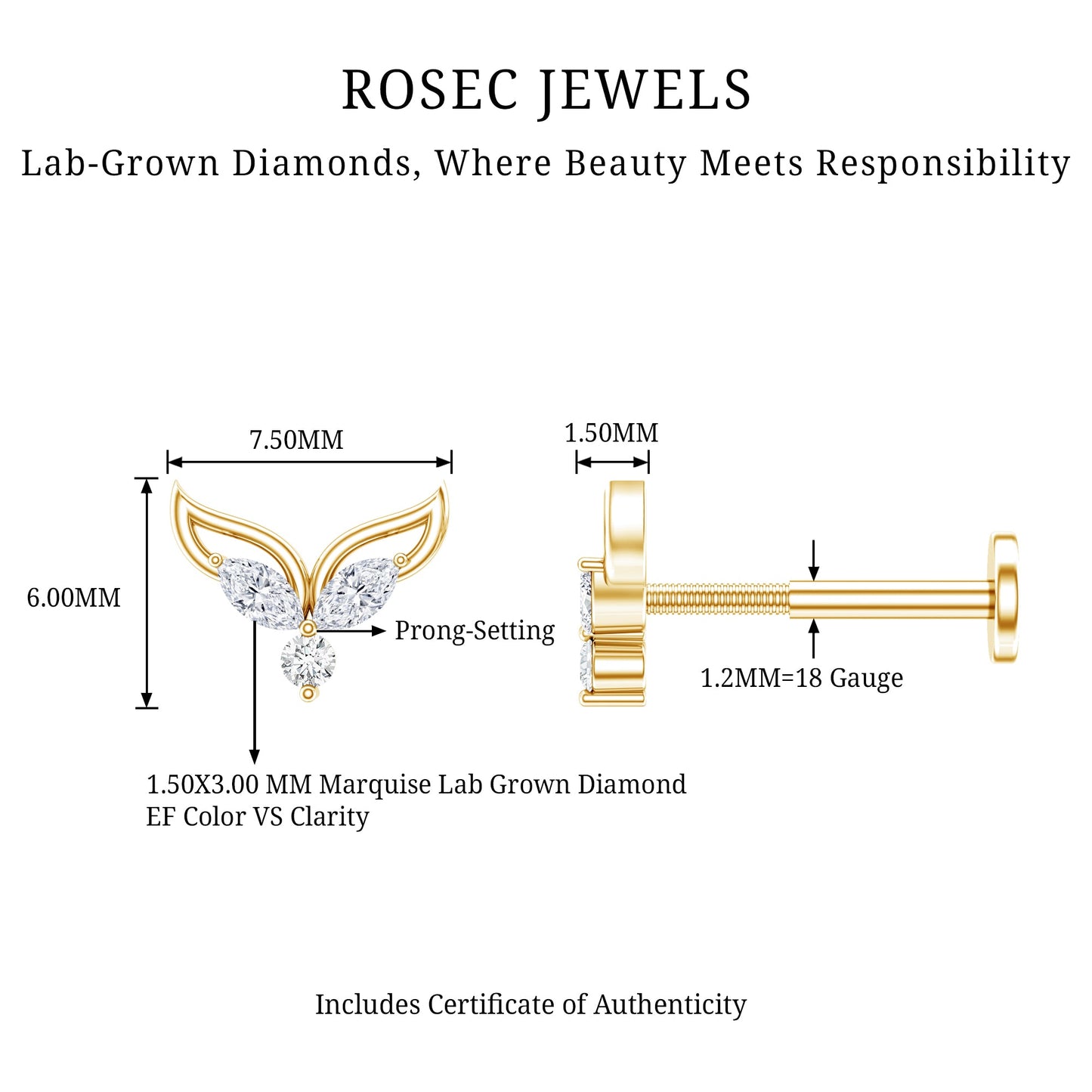 Marquise Diamond Leaf Earring for Cartilage Piercing