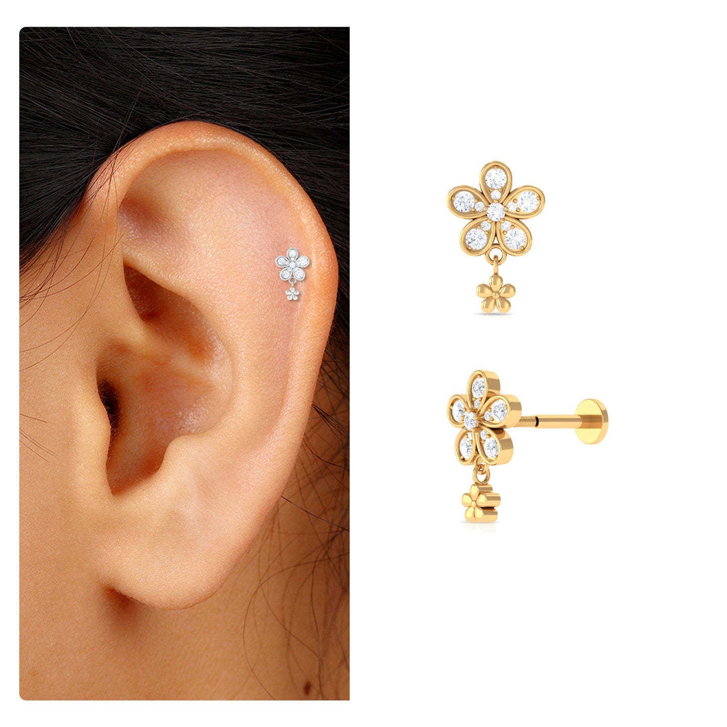 Certified Diamond Flower Helix Drop Earring