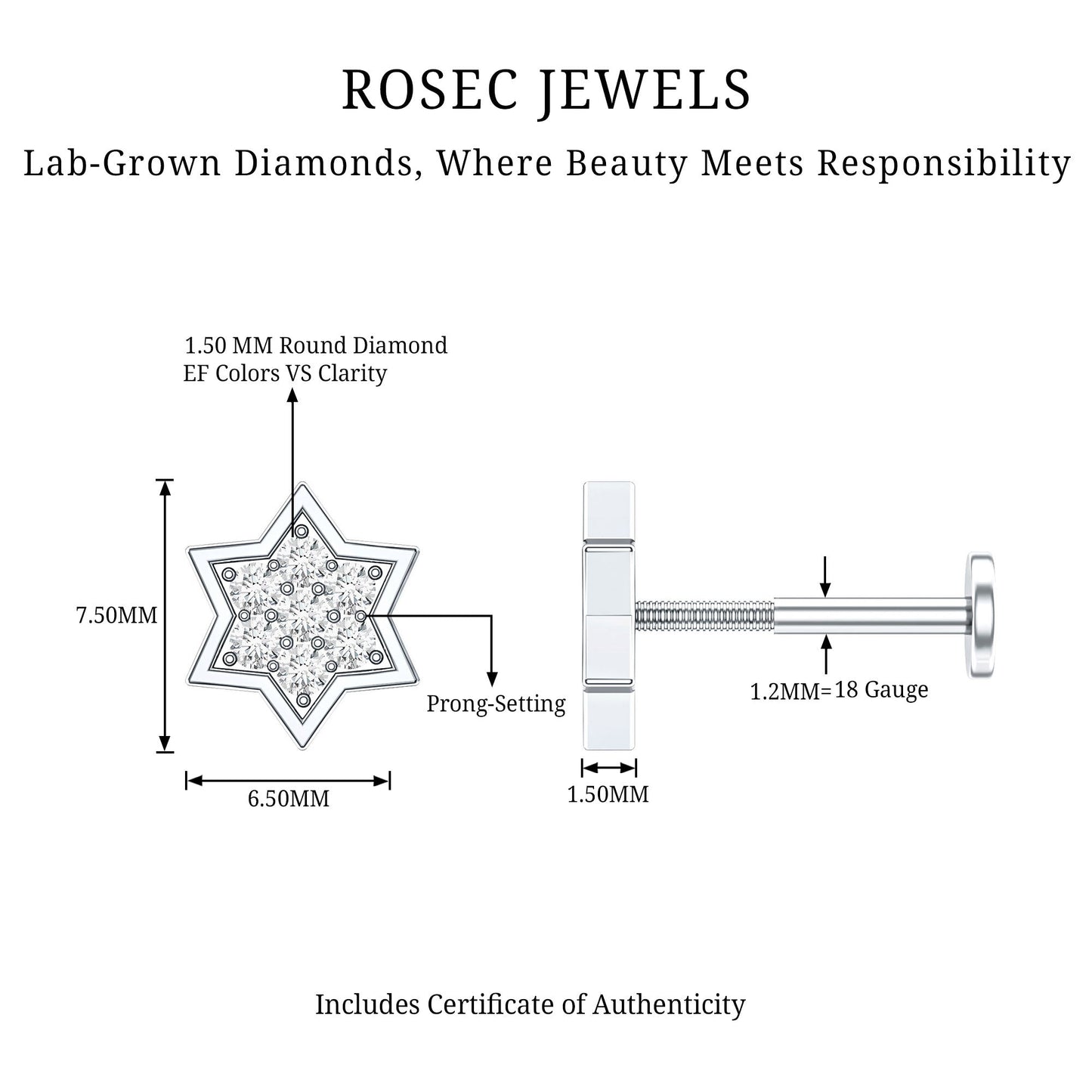 Certified Diamond Star Earring for Helix Piercing
